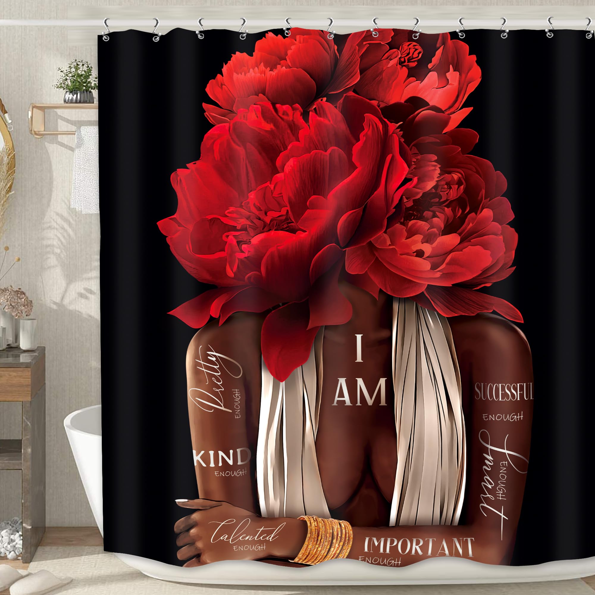 Meshelly Red Black Girl Shower Curtain 60Wx72H African American Burgundy Rose Peony Floral Bathroom Curtain Black Woman Positive
