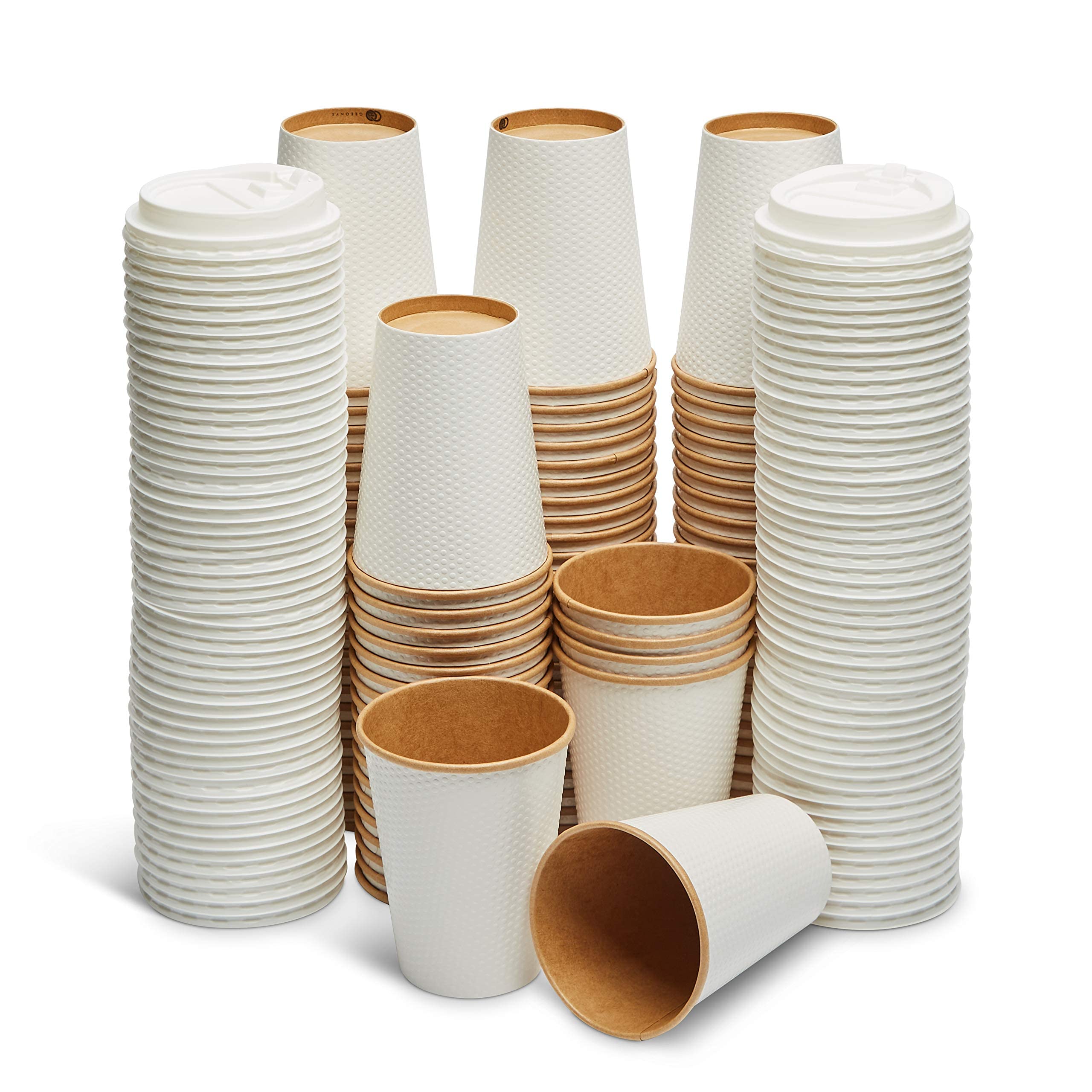 GEEONYX Reusable and Disposable Coffee Cups with Lids, 12 Oz - 100 Pack, Eco Friendly and Biodegradable Double Insulated Wall an