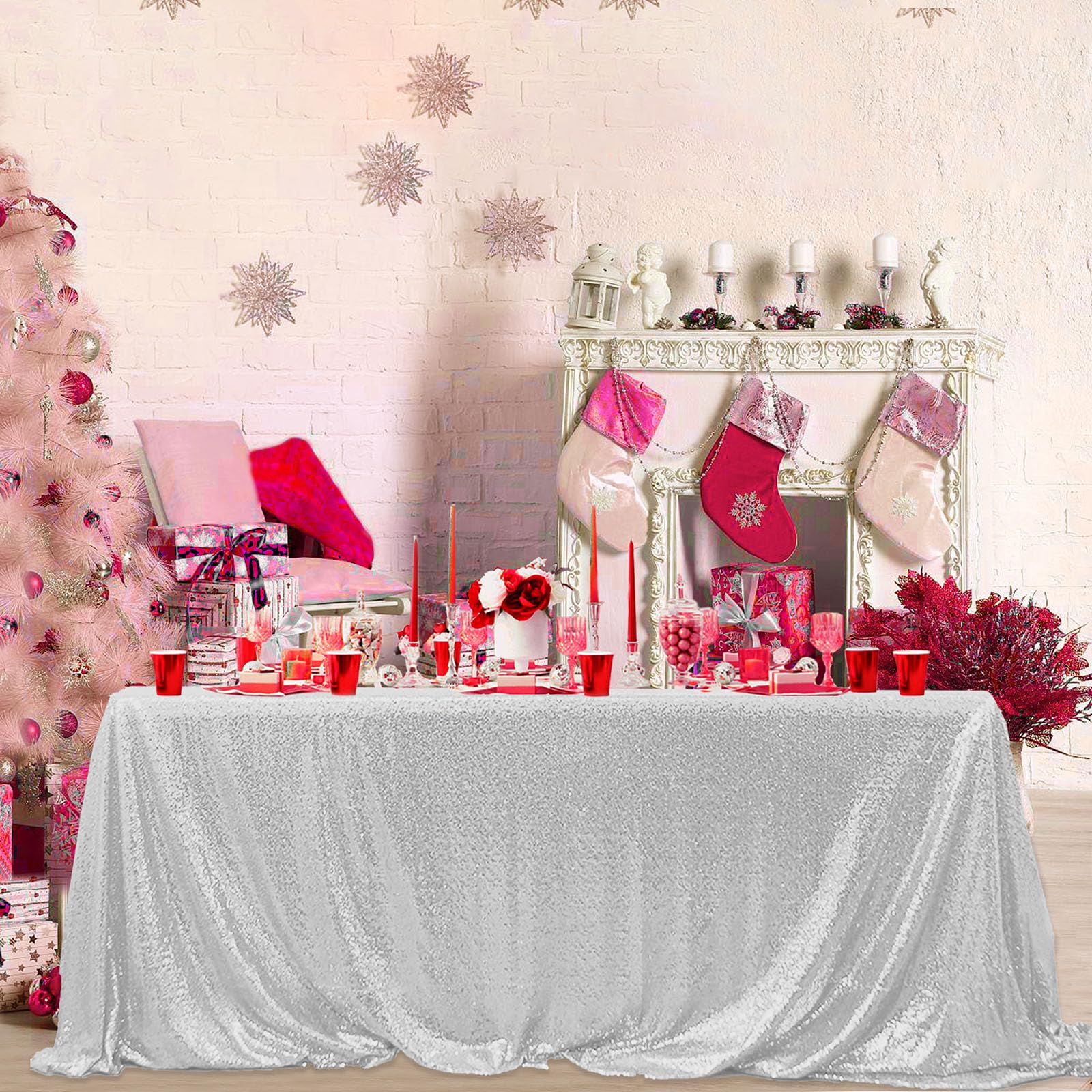 Fyledaee Sequin Tablecloth Rectangular Silver 50X80 Inch Glittering Shimmer Tablecloth For Wedding Baby Shower Birthday Party Di