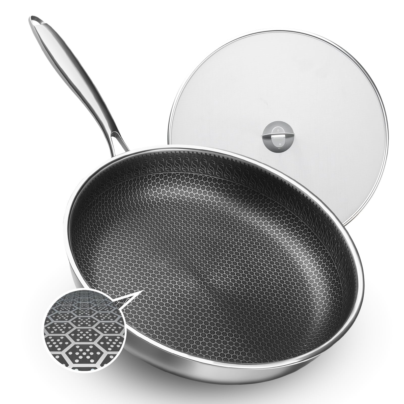 12 Inch Hybrid Stainless Steel Nonstick Frying Pan with Honeycomb Surface