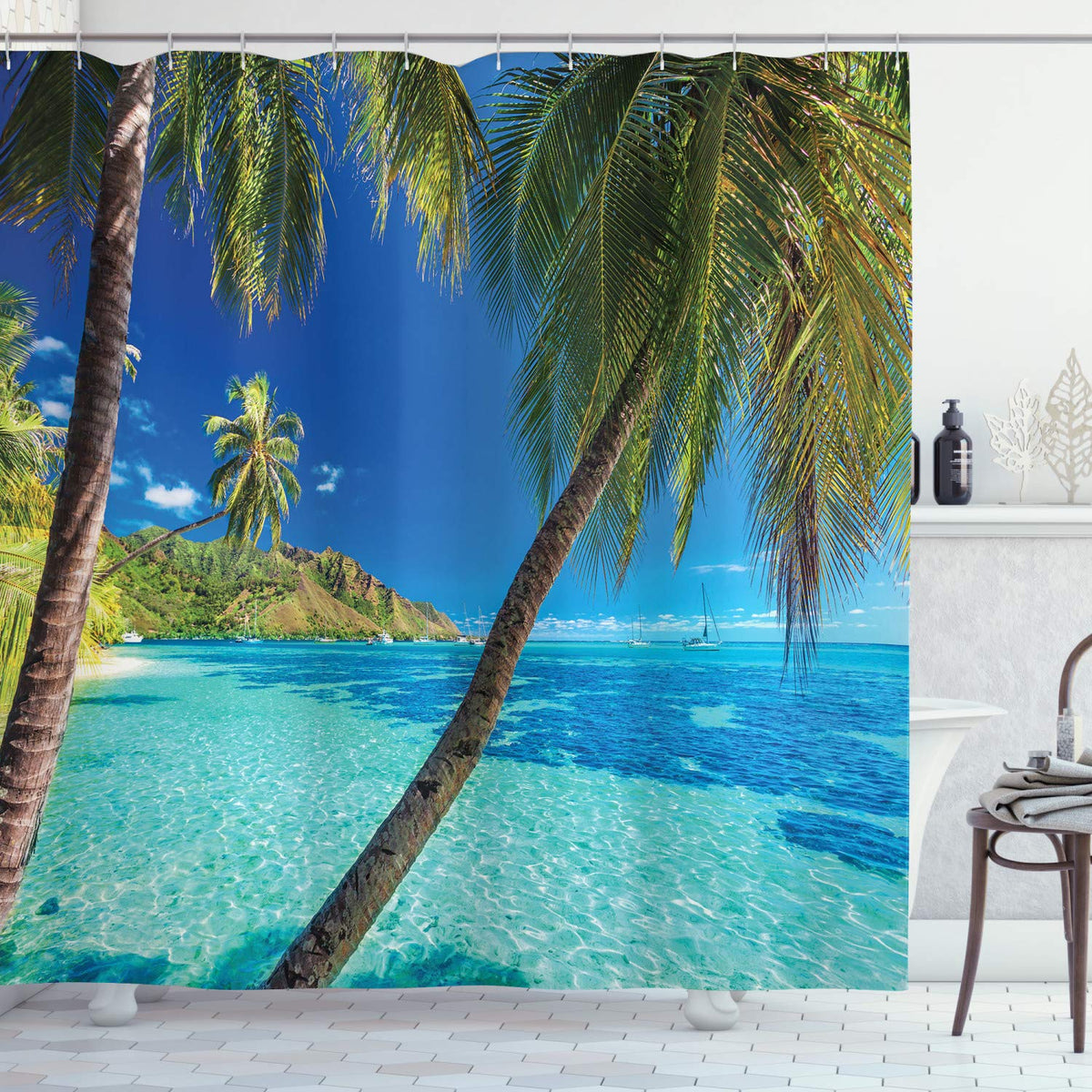 Ambesonne Ocean Shower Curtain, Image Of A Tropical Island Beach Theme The Palm Trees And Clear Sea Print, Cloth Fabric Bathroom