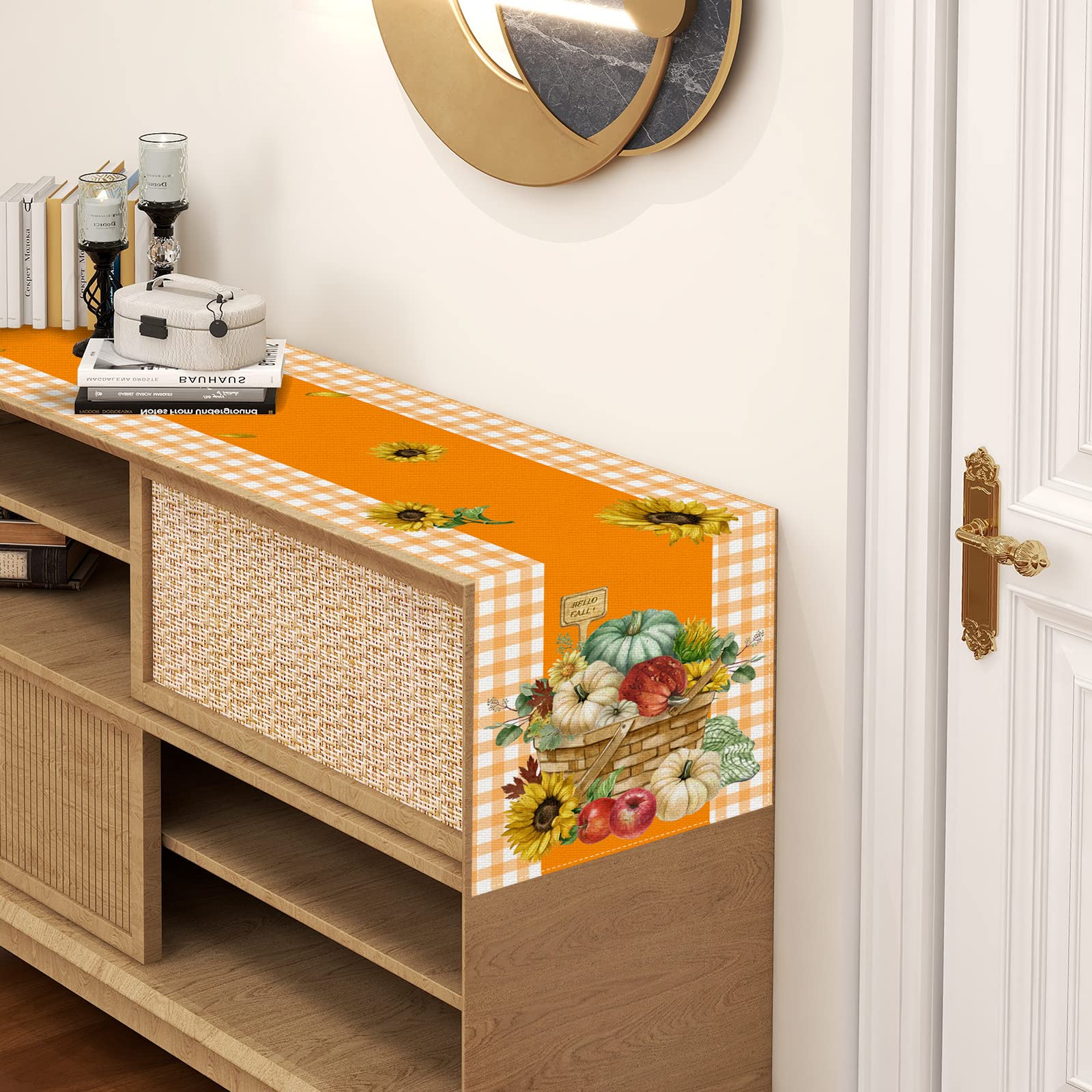 Linen Orange And White Buffalo Check Plaid Pumpkin Sunflower Fall Table Runner Farmhouse Fall Autumn Thanksgiving Kitchen Table