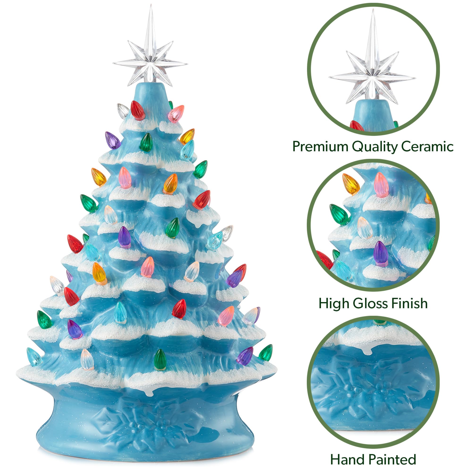Casafield Hand Painted Ceramic Christmas Tree, Blue Snow Flocked 15-Inch Pre-Lit Tree with 128 Multi Color Lights and 2 Star Top
