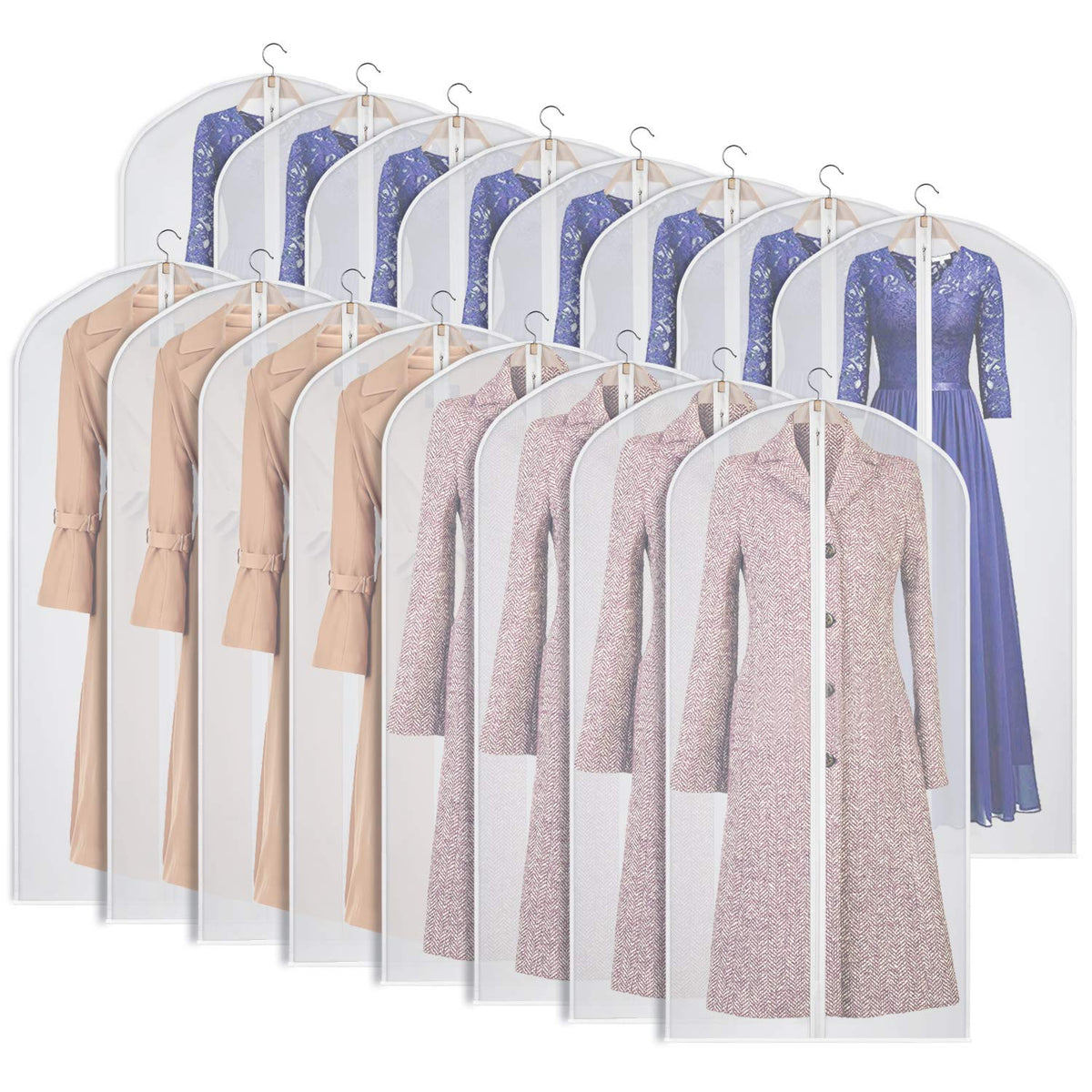 Univivi Clear Garment Bag Lightweight Dresses Bags (Set Of 16) Hanging Clothes Cover, Full Zipper Suit Bags For Closet Storage -