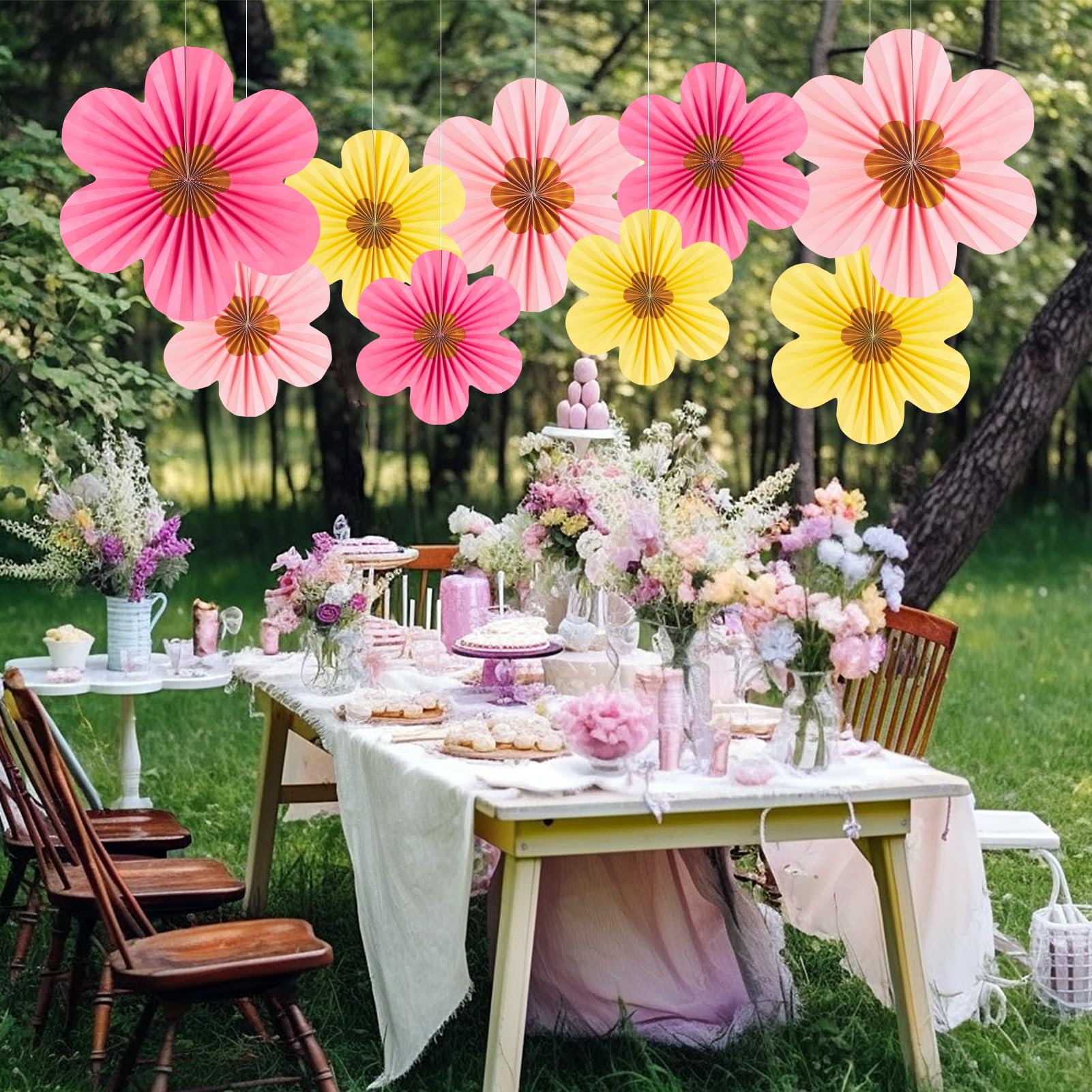 SUNBEAUTY Gold Flower Party Decorations Paper Fans Classroom Decoration Paper Floral Backdrop Decor Paper Fans Decoration Hanging Paper Fans Gold Flower Wall Decor Set of 9