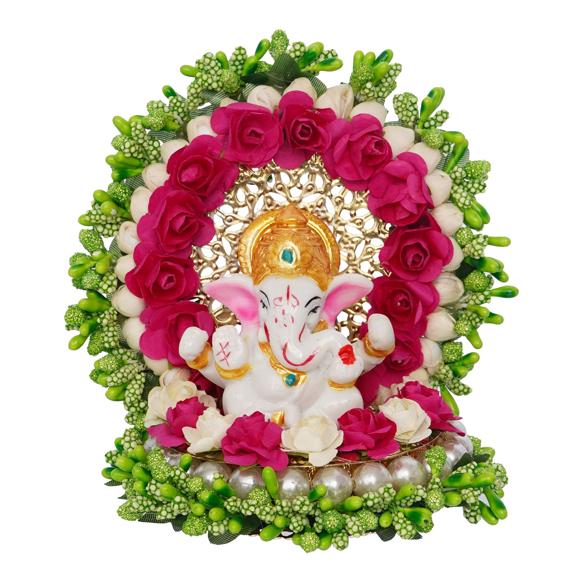 Ecraftindia Resin Lord Ganesha Idol On Decorative Green Pink Floral Plate| Ganesha Idol For Home Decor Car Dashboard| Ganesha St