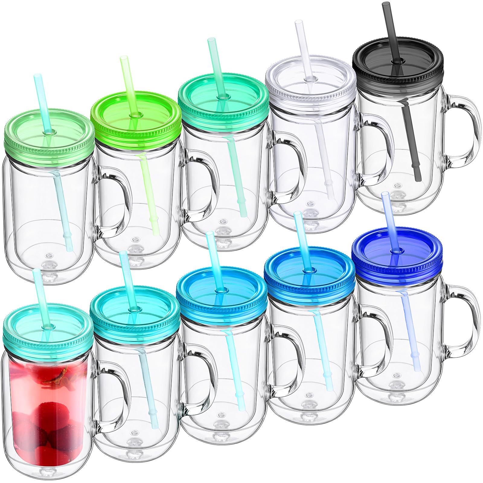 Suclain 10 Pack Plastic Mason Jars with Lids and Straws, Fresh Color
