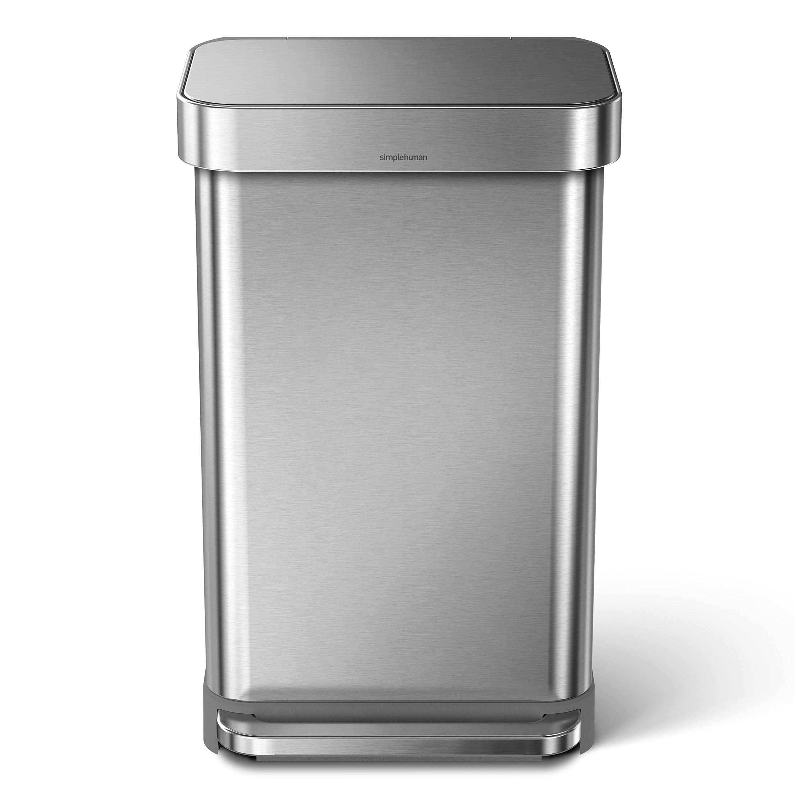 Simplehuman 45 Liter / 12 Gallon Rectangular Hands-Free Kitchen Step Trash Can With Soft-Close Lid, Brushed Stainless Steel