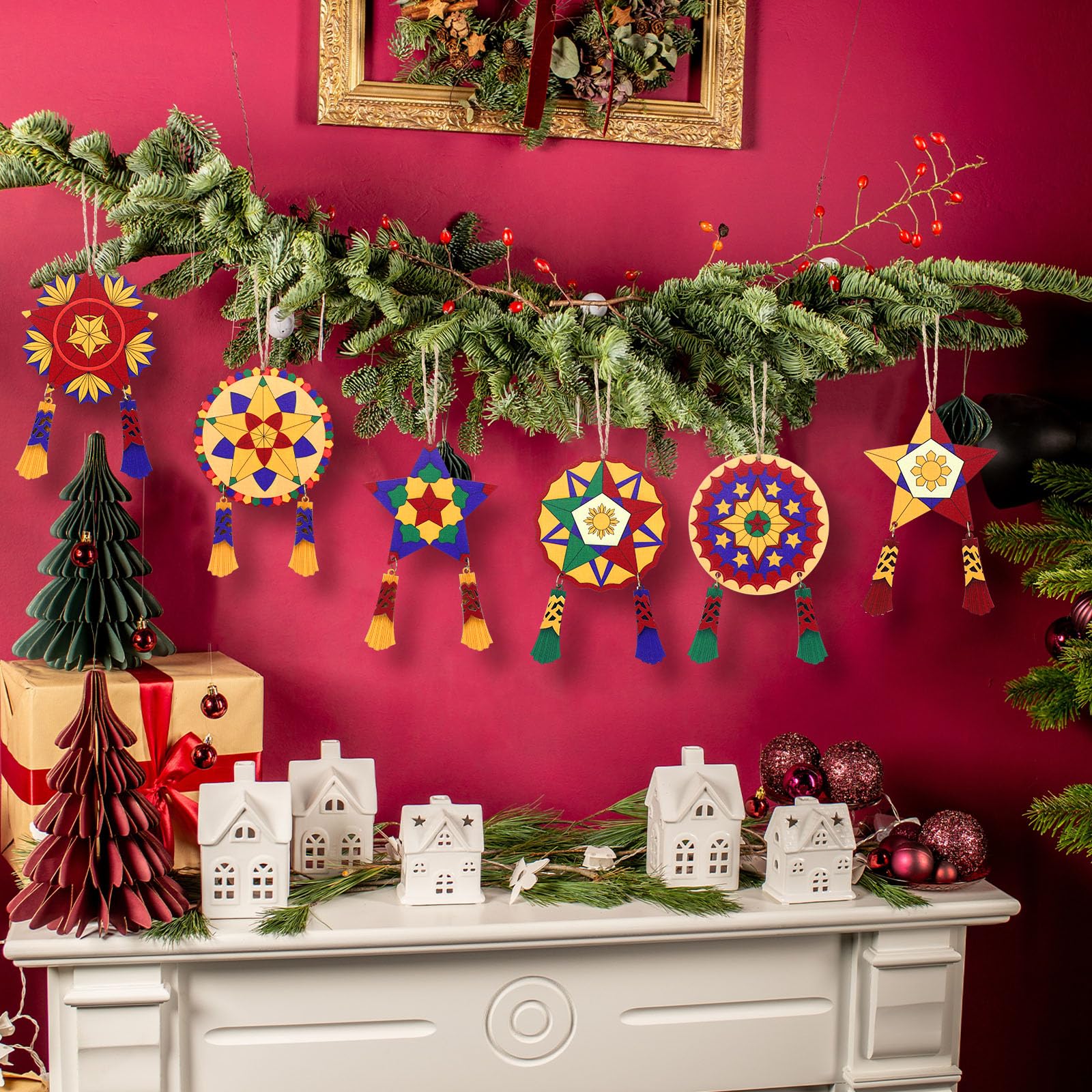 Daifunli 24 Pcs Philippine Christmas Tree Parol Ornaments Wooden Parol Lantern Filipino Christmas Decorations Philippine Gift Tr