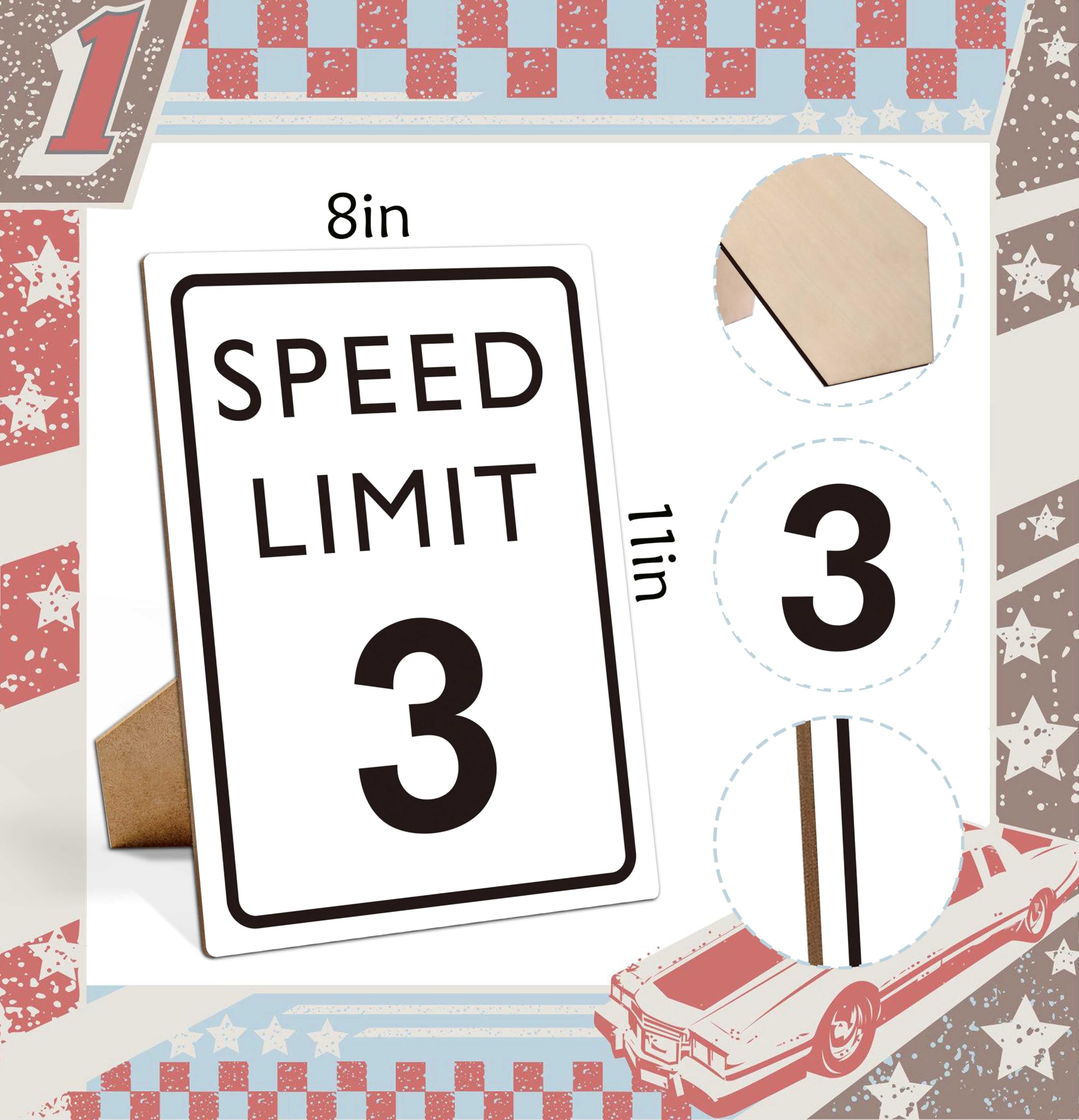 Muruseni Race Car Birthday Decor, Speed Limit Sign, Fast Three, Race Car Birthday Party Decorations, 8  11 Wooden Play Sign with