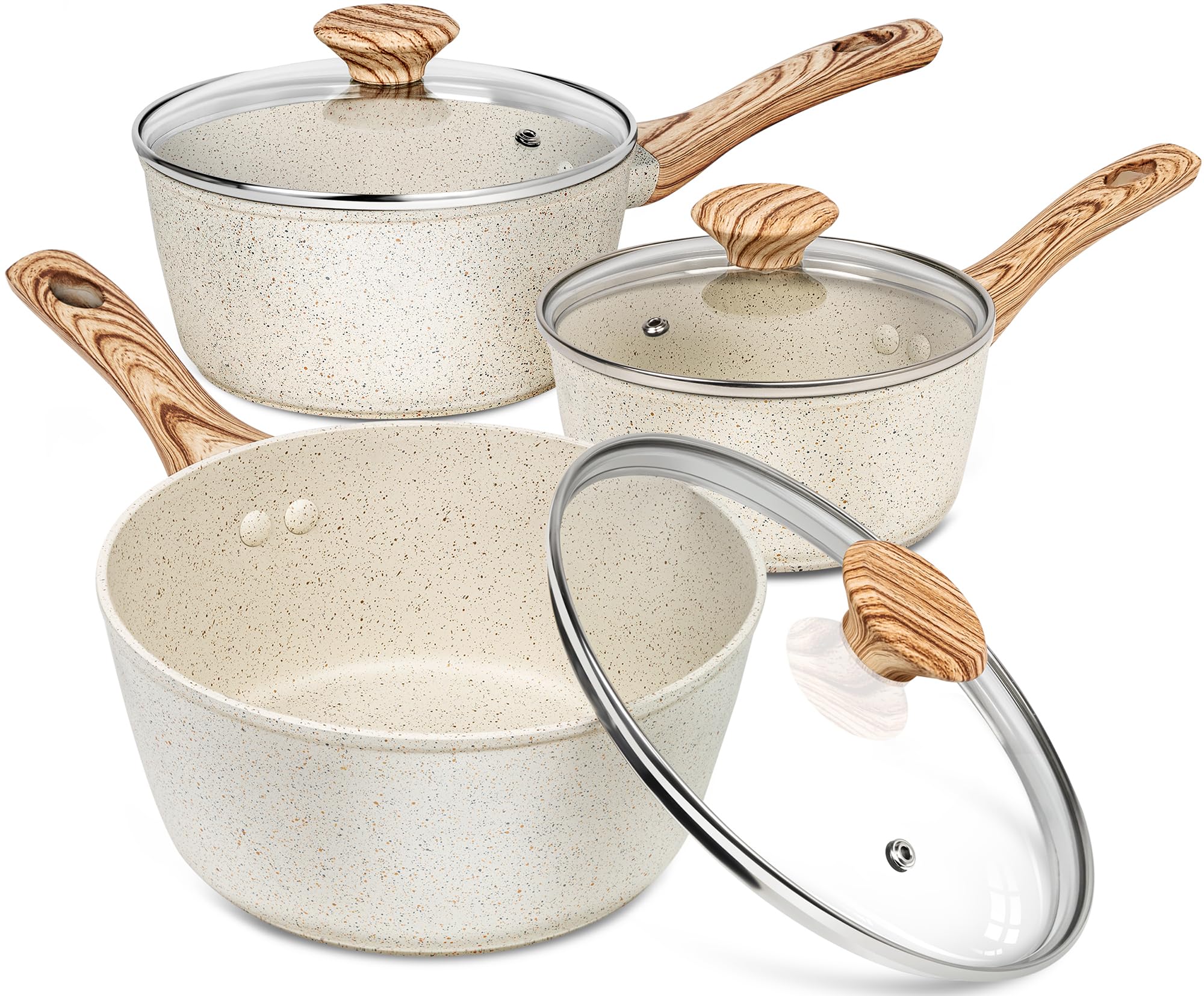 MICHELANGELO Sauce Pan with Lid, Nonstick Saucepans Set 1.5QT, 2QT & 3QT, Granite Sauce Pan 3 Piece, Stone Saucepan Set, Small P
