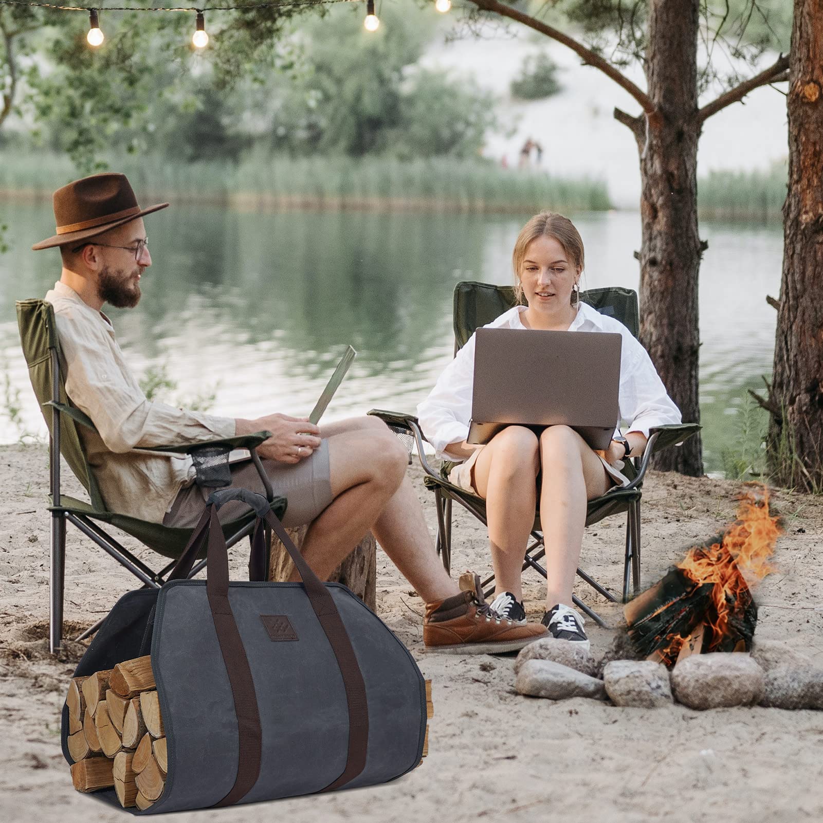 Willow Weave Canvas Firewood Log Carrier, Fireplace Log Carriers & Holders, Firewood Carrier, Wood Carrying Bag For Firewood, Gr