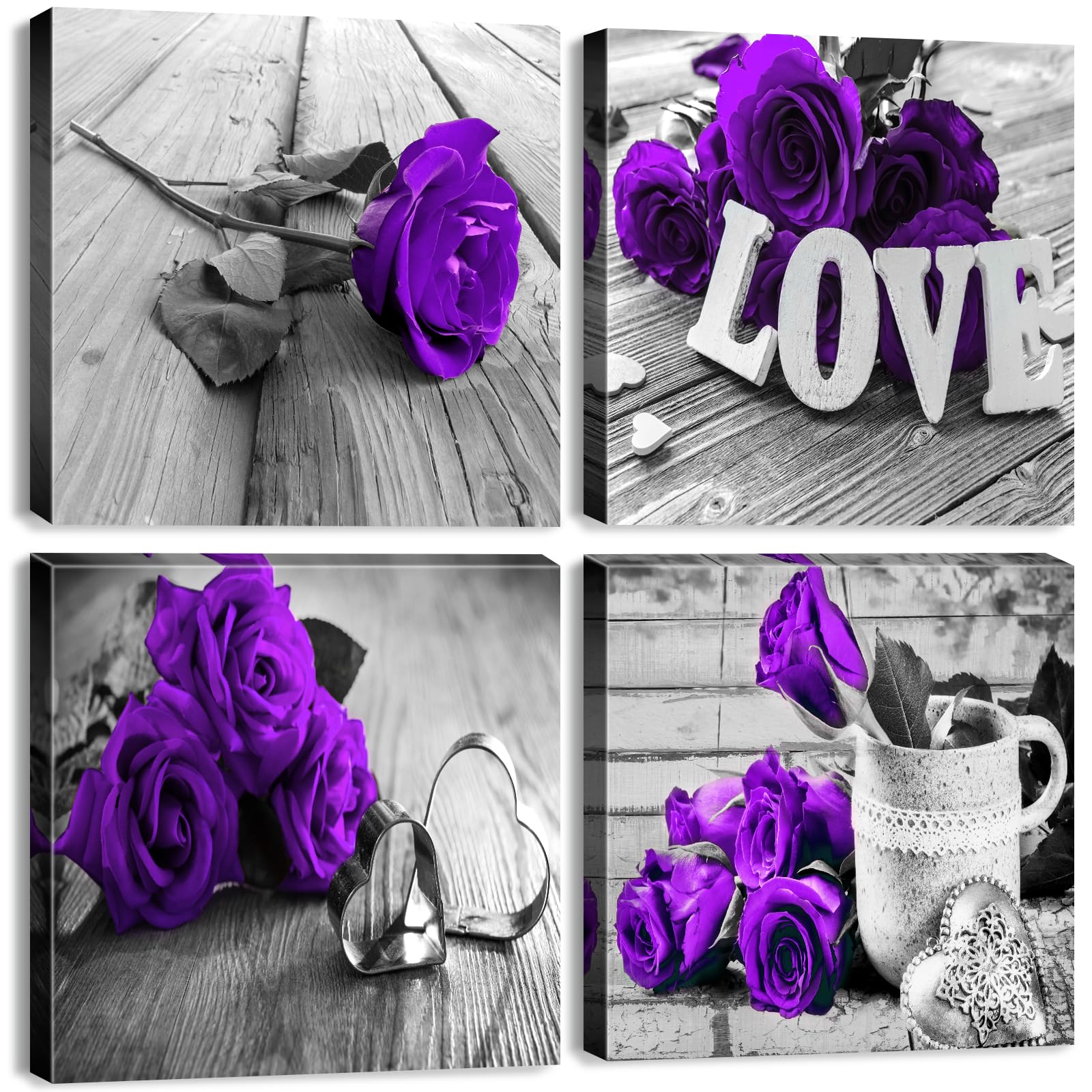 Purple Wall Art Bathroom Decor Rose Flower Canvas Prints Black And White Grey Background Romantic Love Painting Artwork Couple B