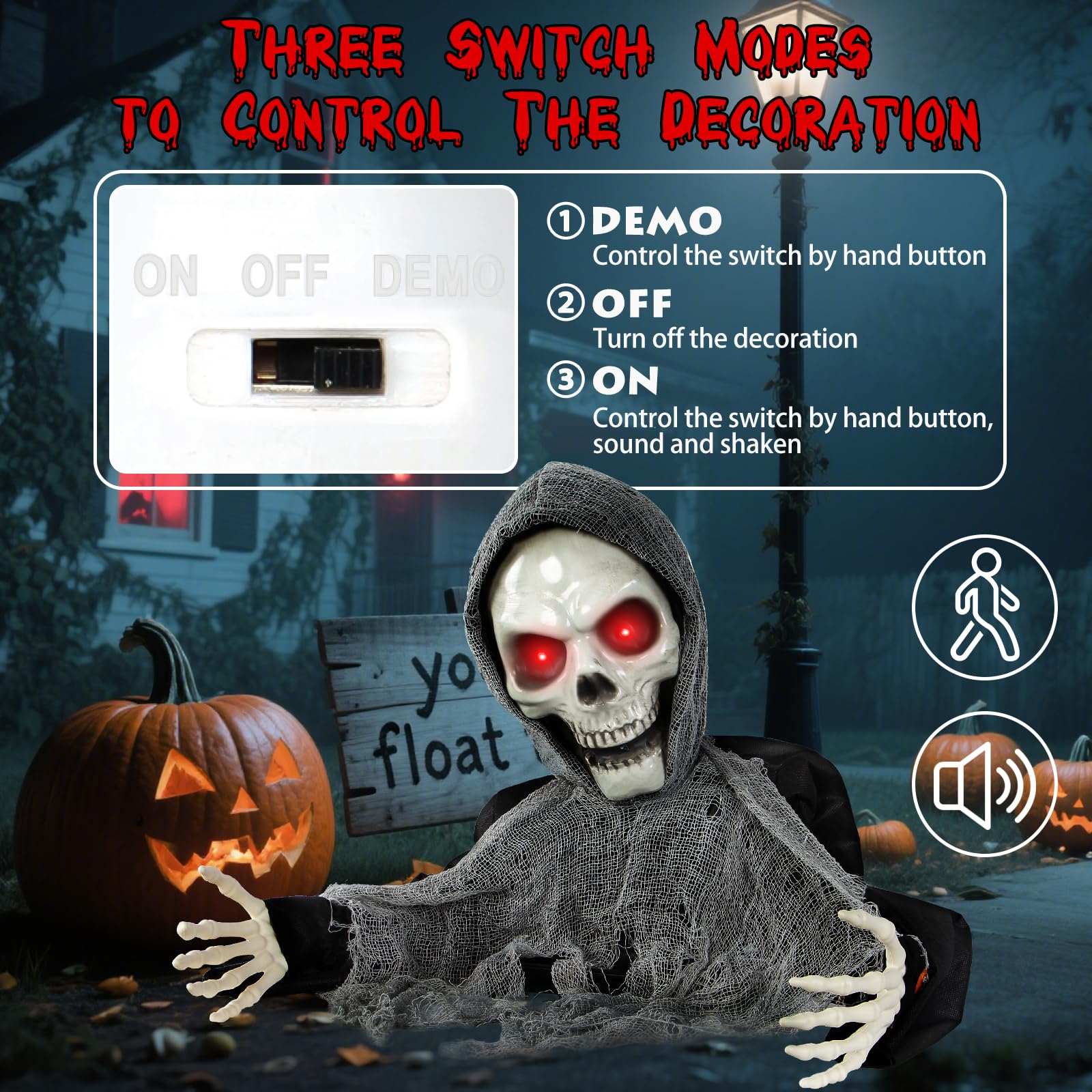 Boveco Halloween Animatronics Decoration Scary Skeleton Ghost Light-Up Eyes Sound & Activated Sensor Outdoor and Indoor Animated