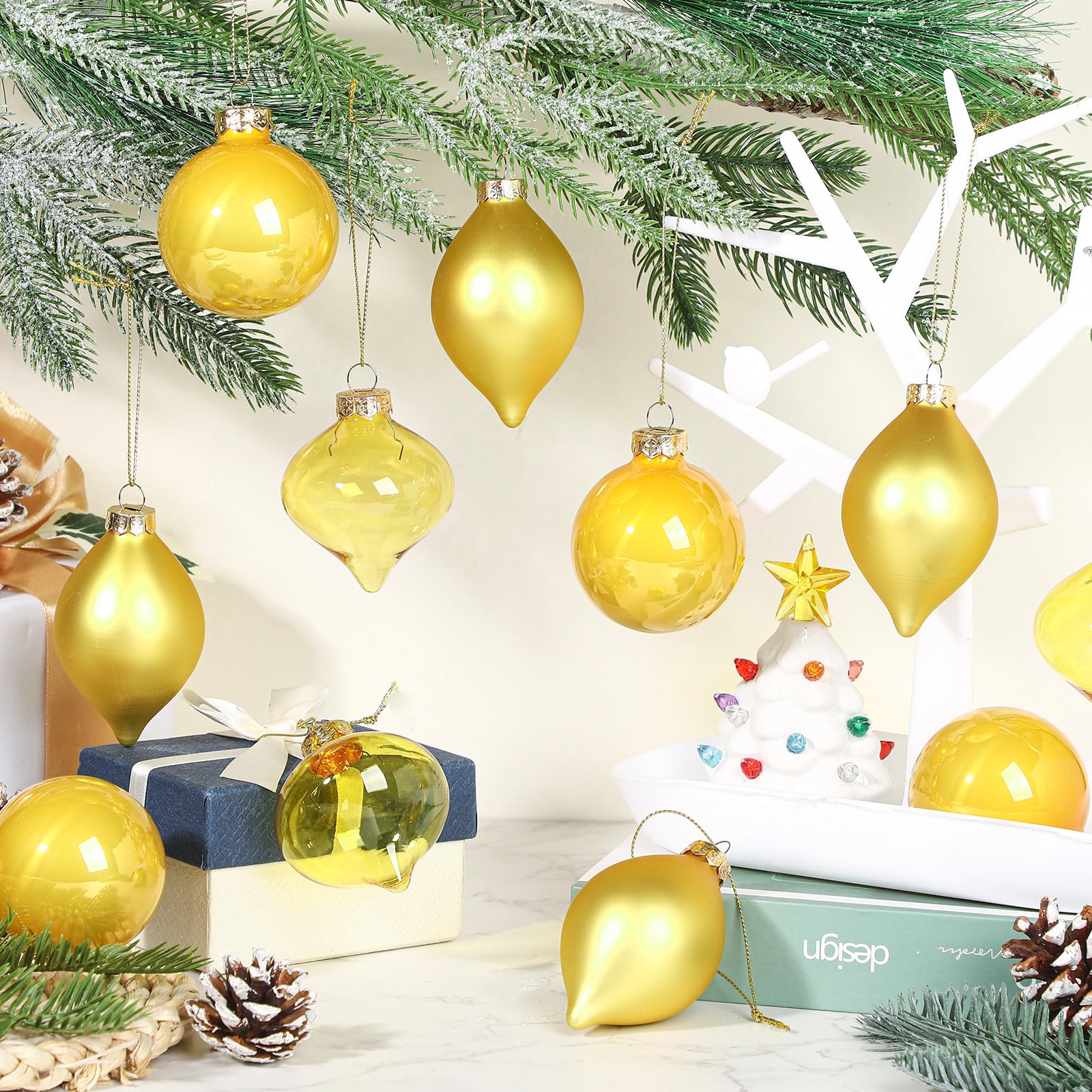 Zomiboo 12 Pcs Yellow Glass Christmas Ball Ornaments Set 3.15 Hanging Shatterproof Glass Bulbs for Christmas Tree Baubles Bulk f