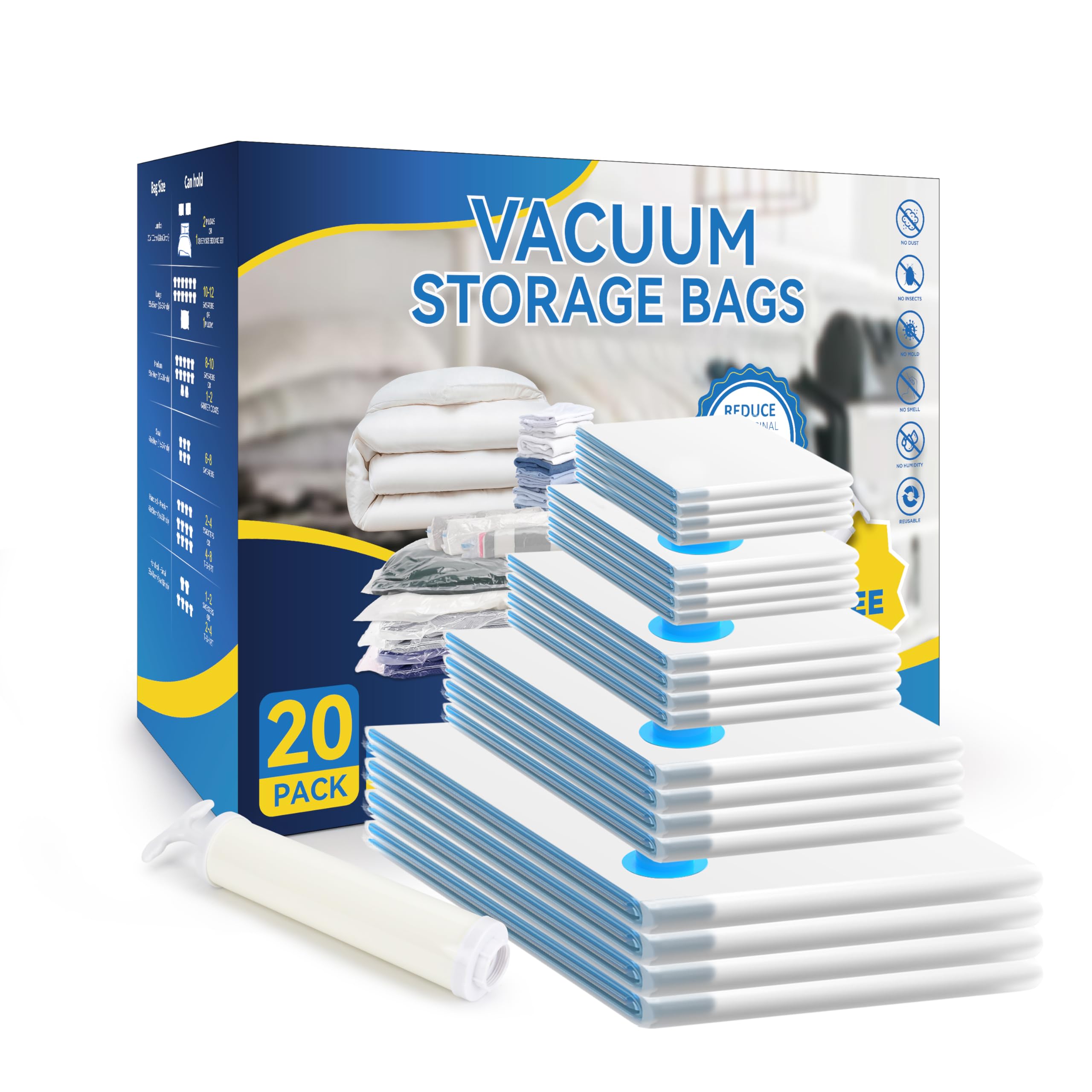 Simple Deluxe Vacuum Storage Bags 20 Pack, Space Saver Bags with Hand Pump, Vacuum Seal Bags for Clothing Travel, Comforters, Bl