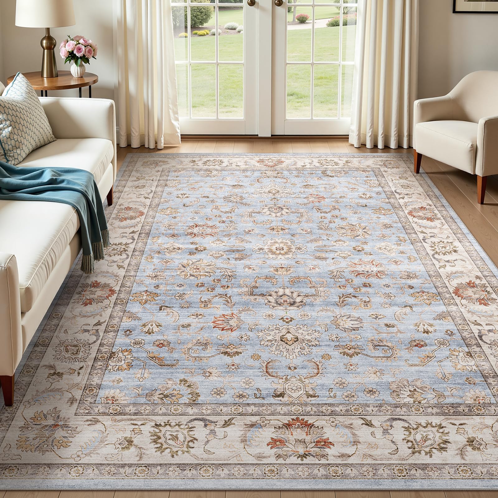 WITSHOCK 5x7 Area Rugs for Living Room: Machine Washable Non Slip Vintage Carpet - Low Pile Lightweight Print Rug for Bedroom Di