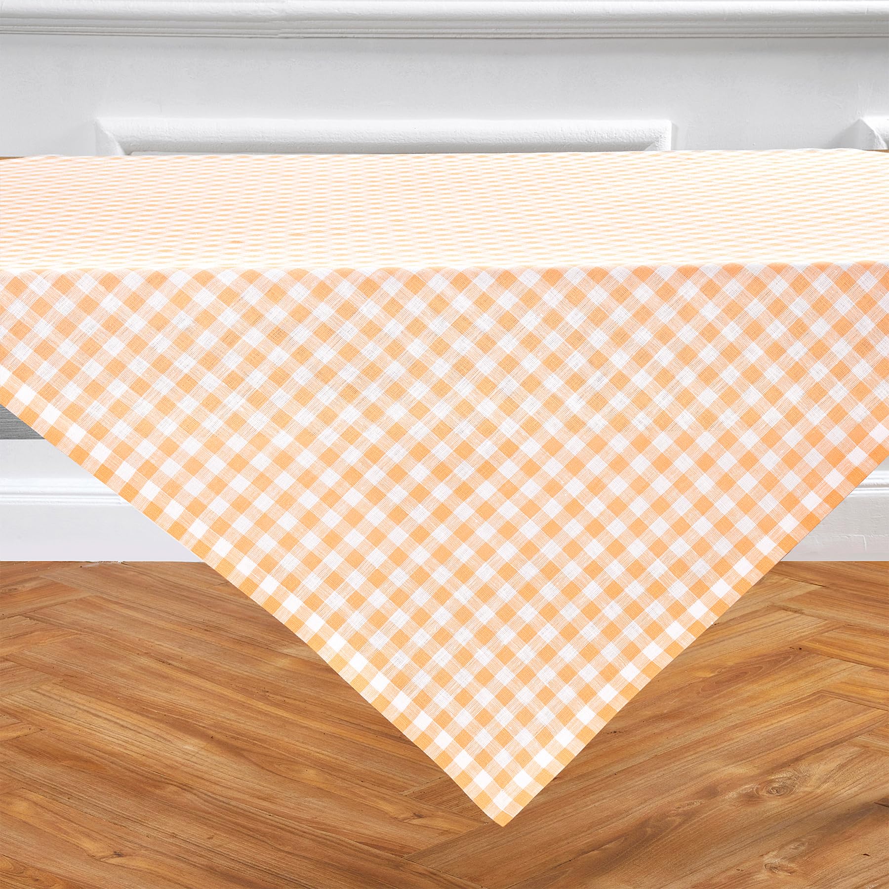 Solino Home Check Linen Square Tablecloth 52 X 52 Inch - 100% Pure Linen Sunny Orange Plaid Table Throw - Gingham Check, Machine