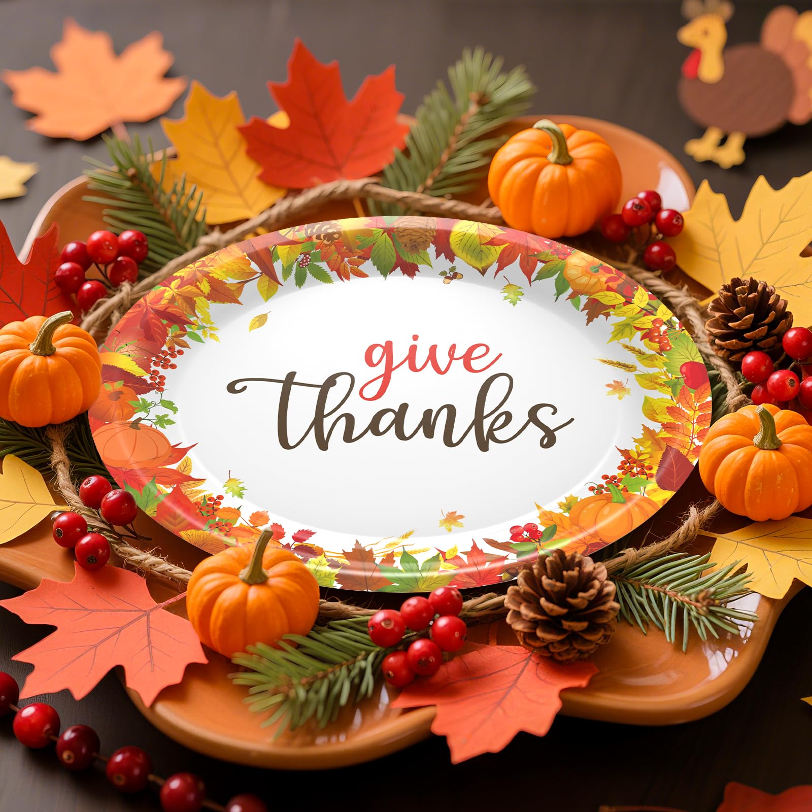 AinDen Thanksgiving Paper Plates 50 Pack, 10.2 x 12.6 Inch Heavy Duty Disposable Plates for Thanksgiving Dinner, Fall Harvest Pa