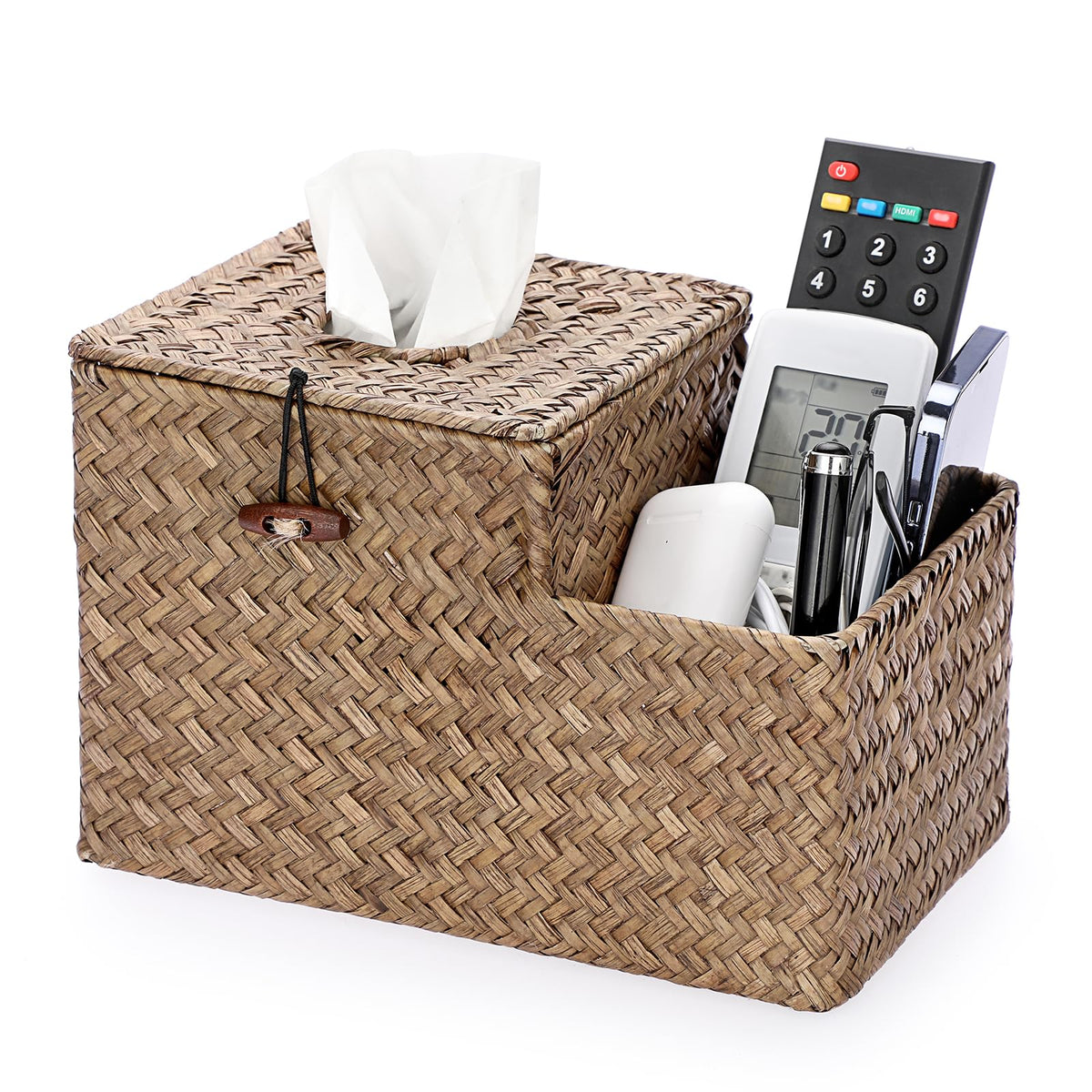 Sumnacon Tissue Box Cover Square Tissue Box Woven Seagrass Tissue Box Holder With Side Organizer, Rustic Tissue Holder For Livin
