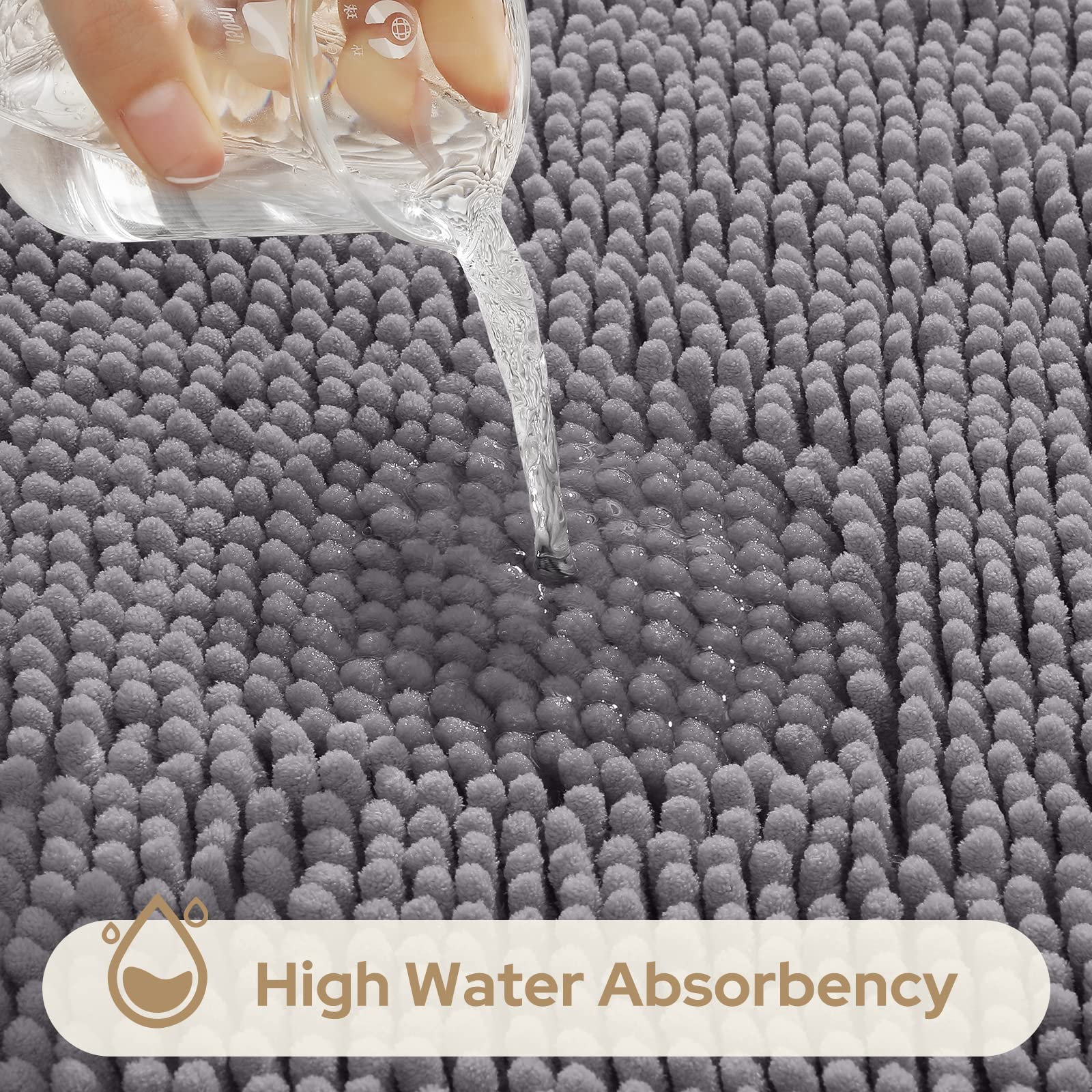 Homeideas 3 Pieces Bathroom Rugs, Extra Large Ultra Soft Non Slip Absorbent Chenille Toilet Bath Mat Set (Grey)