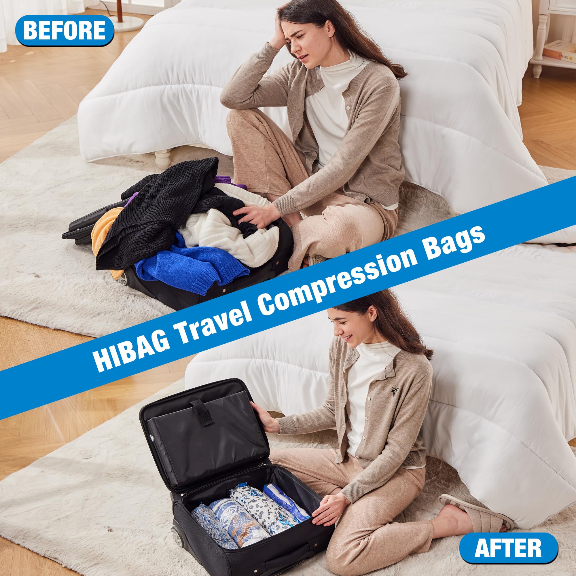 HIBAG Compression Bags for Travel, 12-Pack Space Saver Zipper Bags, Clear, Model 12-Travel, Vacuum Packing for Cruise Accessories