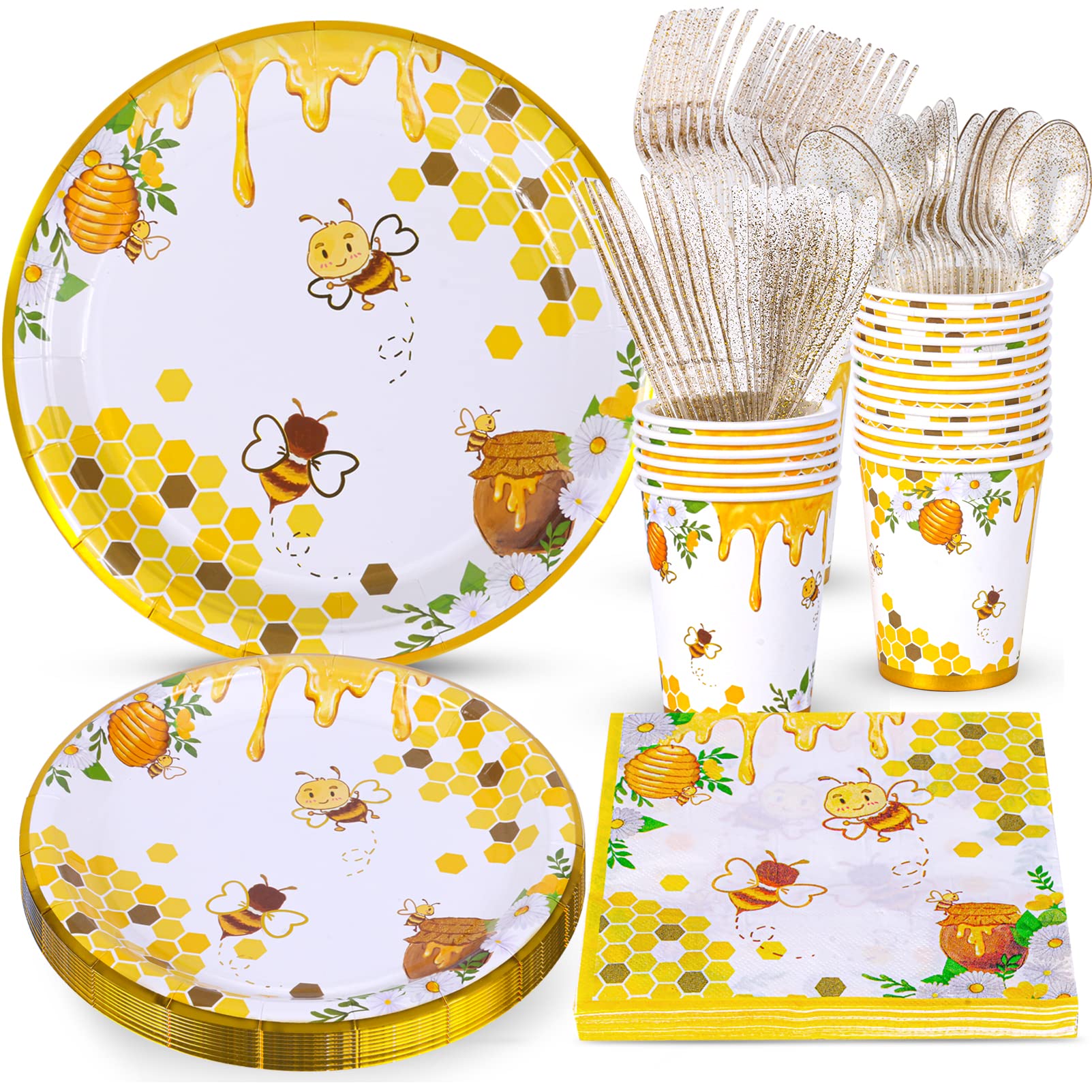 Atonofun Bee Party Supplies, Bee Plates And Napkins, Bee Party Plates, Cups, Napkins And Cutlery, Bee Party Decorations For Baby