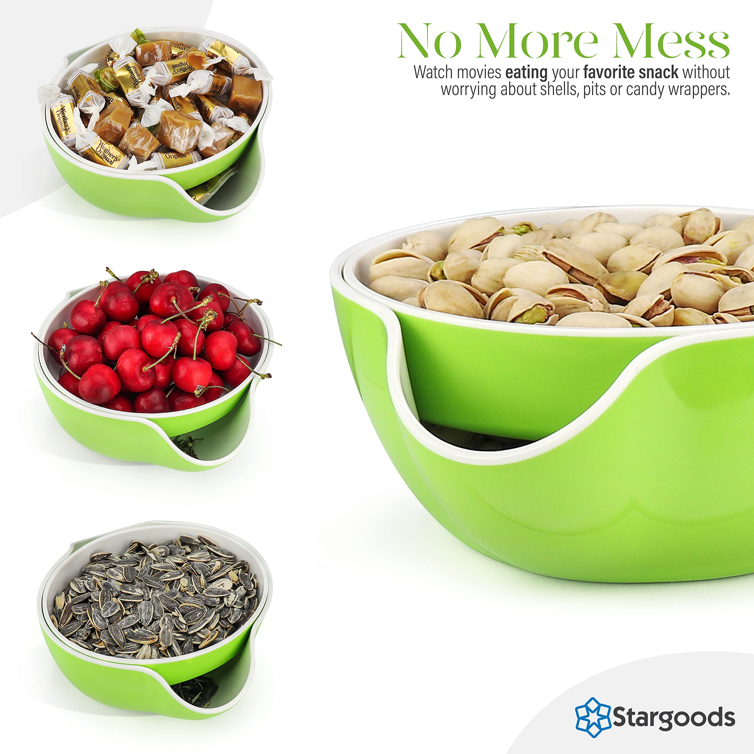Pistachio Bowl, Snack Serving Dish, Double Peanut Bowl With Nut Seeds Shell Candy Storage, Green