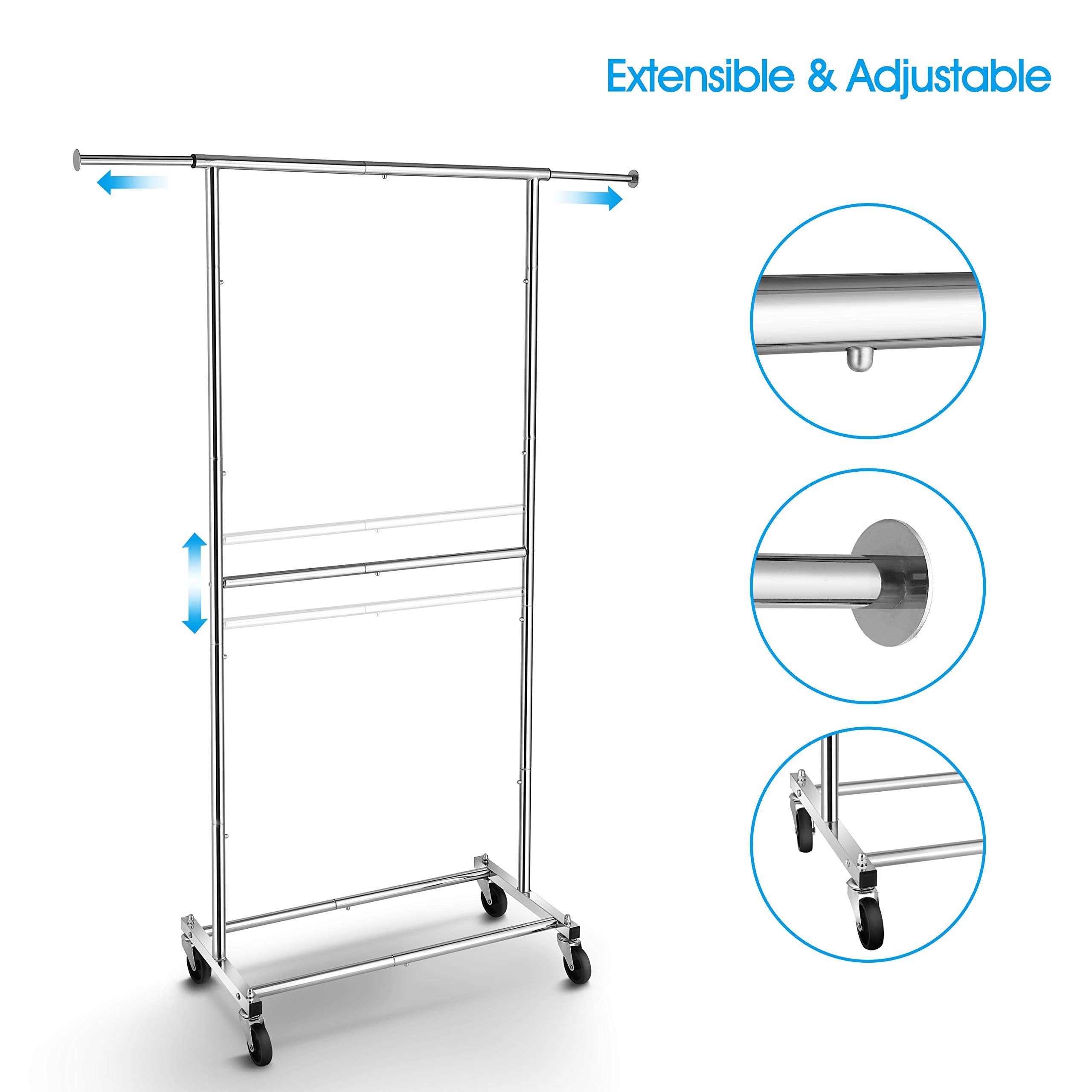 Simple Trending Double Rod Clothing Garment Rack  Rolling Clothes Organizer on Wheels for Hanging Clothes  Chrome