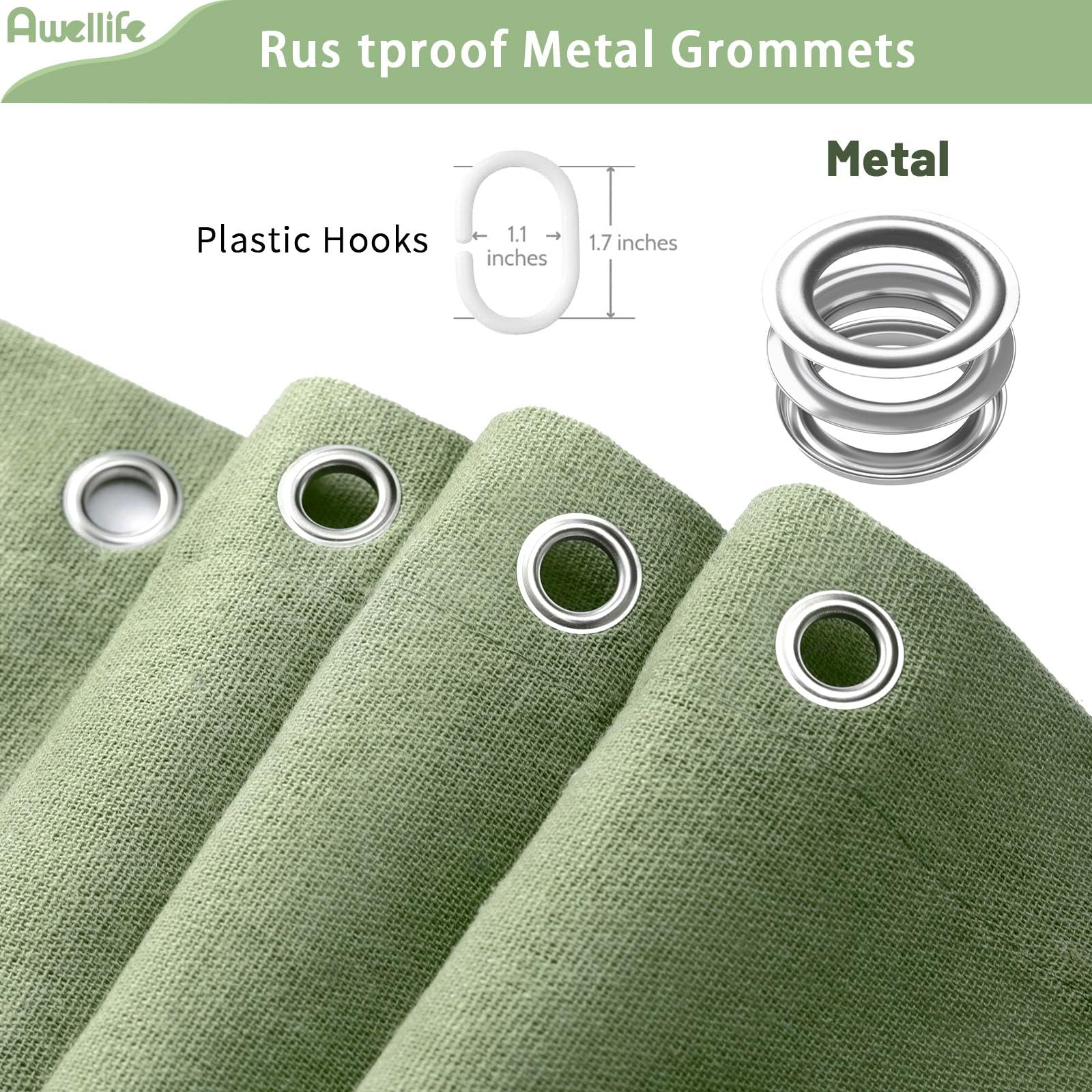 Awellife Sage Green Linen Shower Curtain For Bathroom Natural Cotton Cloth Fabric Farmhouse Boho Shower Curtain With 12 Hooks 72