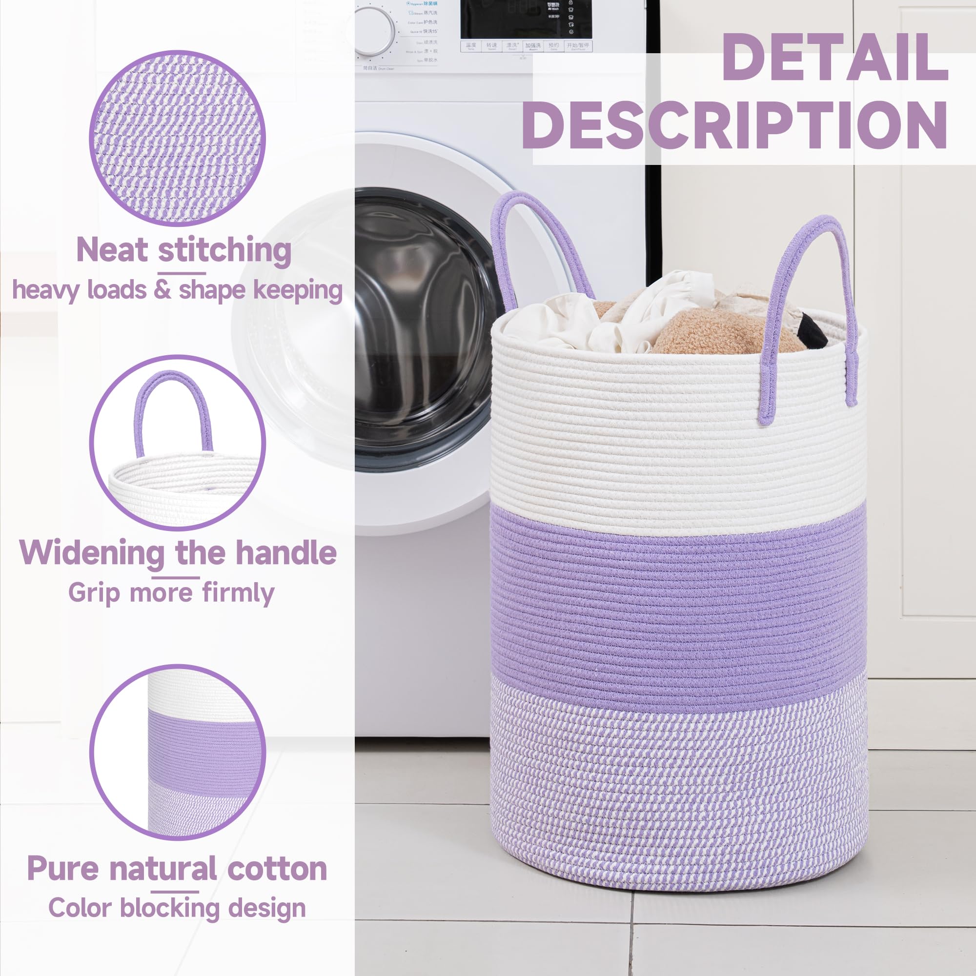 Clhmily&Z 60L Laundry Basket Round Storage Rope Basket - 15X20.5 Inches - Lavender Hamper In Bedreoom And Cute Storage Bin For B