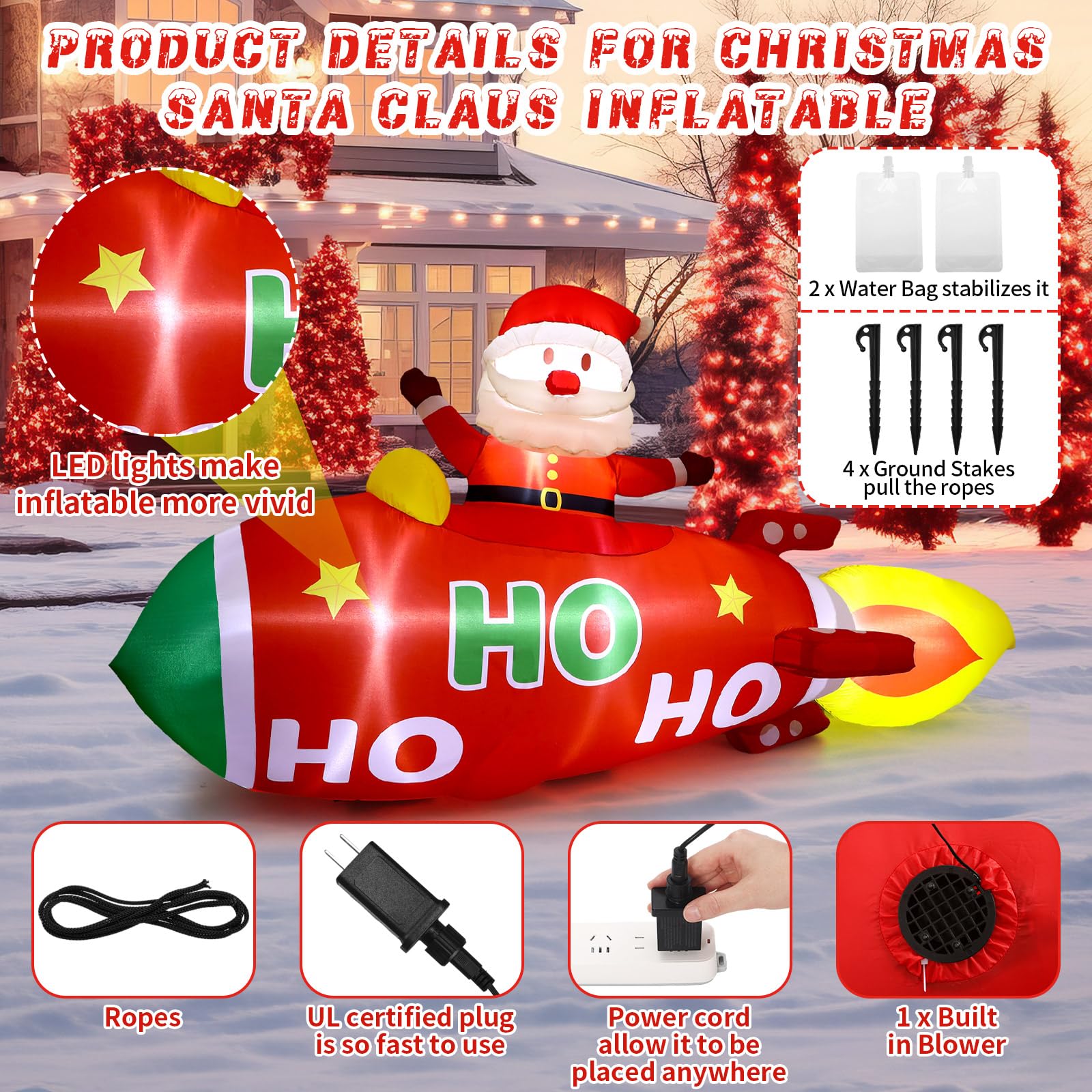 Leyndo 10 FT Christmas Inflatable Santa Claus on Rocket Outdoor Blow Up Decoration with LED Lights Animated Christmas Decoration