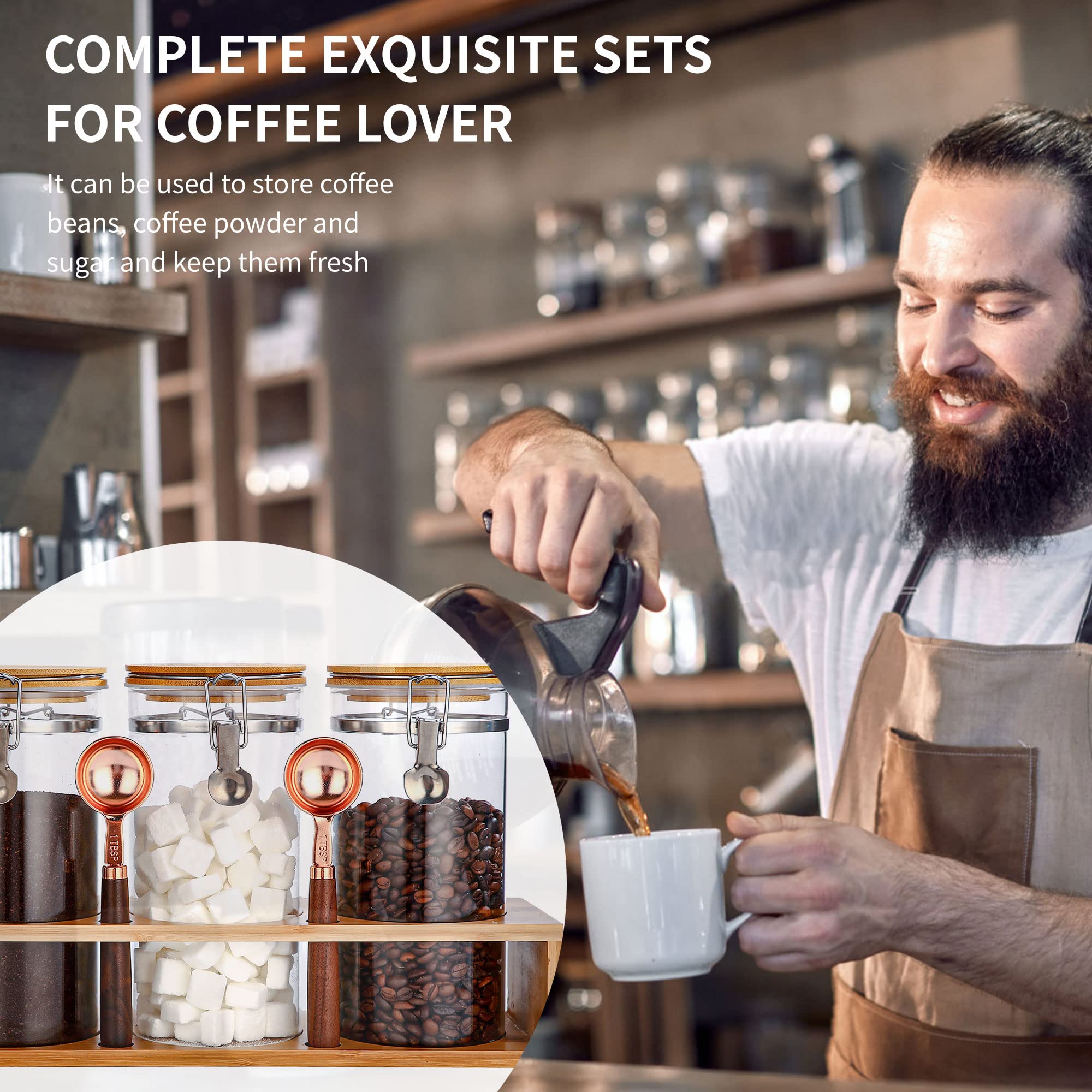 Gurudar Glass Coffee Storage Container With Bamboo Shelf, 3Pcs 49Oz Airtight Sealed Coffee Bean Jar With Clamp Lid & Measuring S