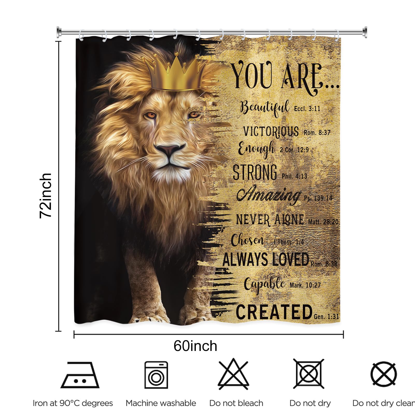 Kalmico Lion Man Shower Curtain 60Wx72L Inch Motivational Inspirational Quotes Positive Bible Animal Black Gold Masculine Bathro