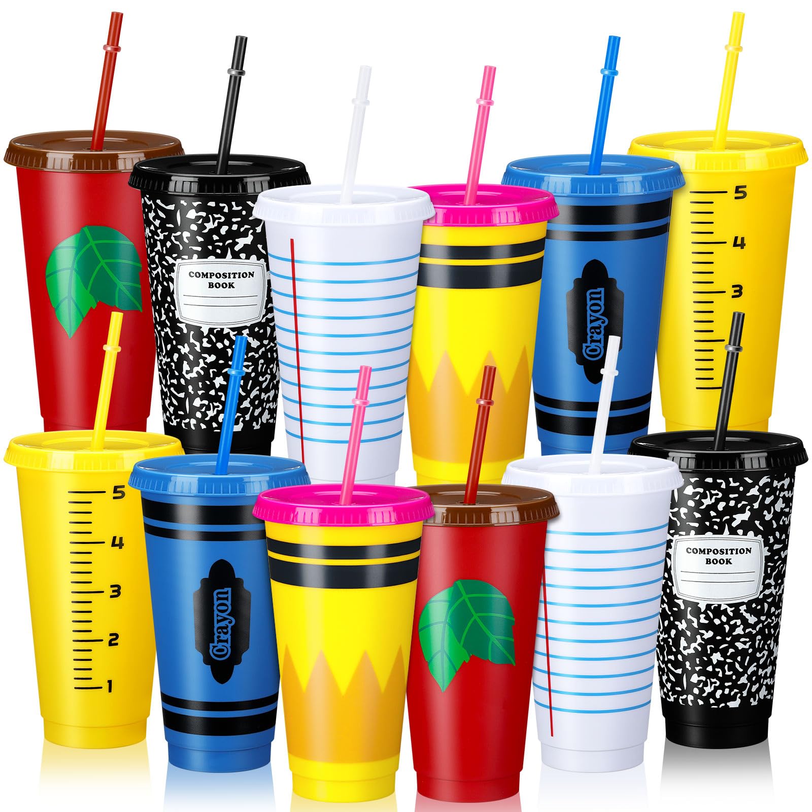 Rtteri 12 Pcs Back to School Reusable Plastic Coffee Cups in Bulk 24 oz Reusable Teacher Appreciation Cups Tumbler with Lids and