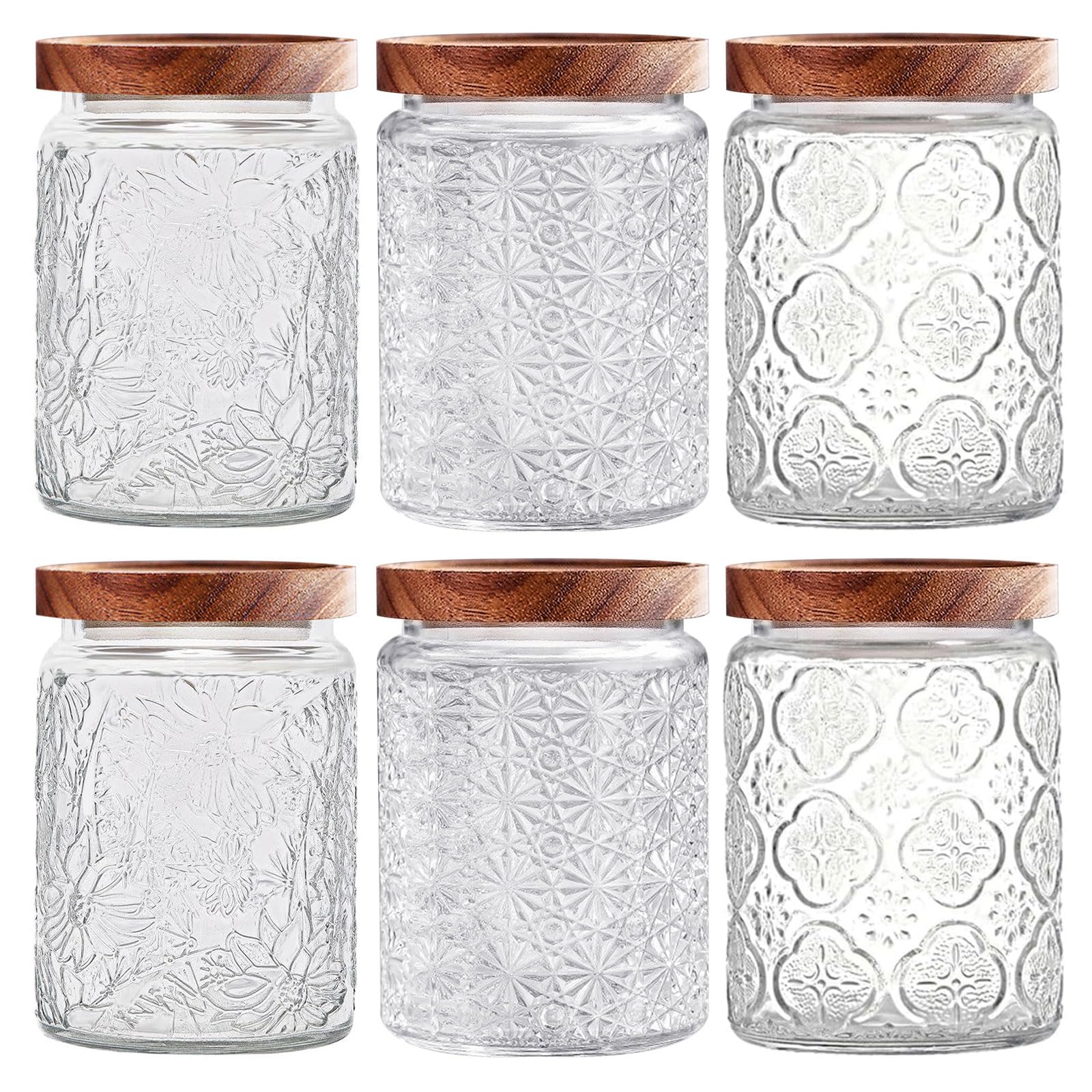 yoqelt Vintage Glass Jars with Wooden Lids, 6 Pack 24 oz Airtight Glass Food Storage Containers Sets for the Kitchen, Sugar Coff