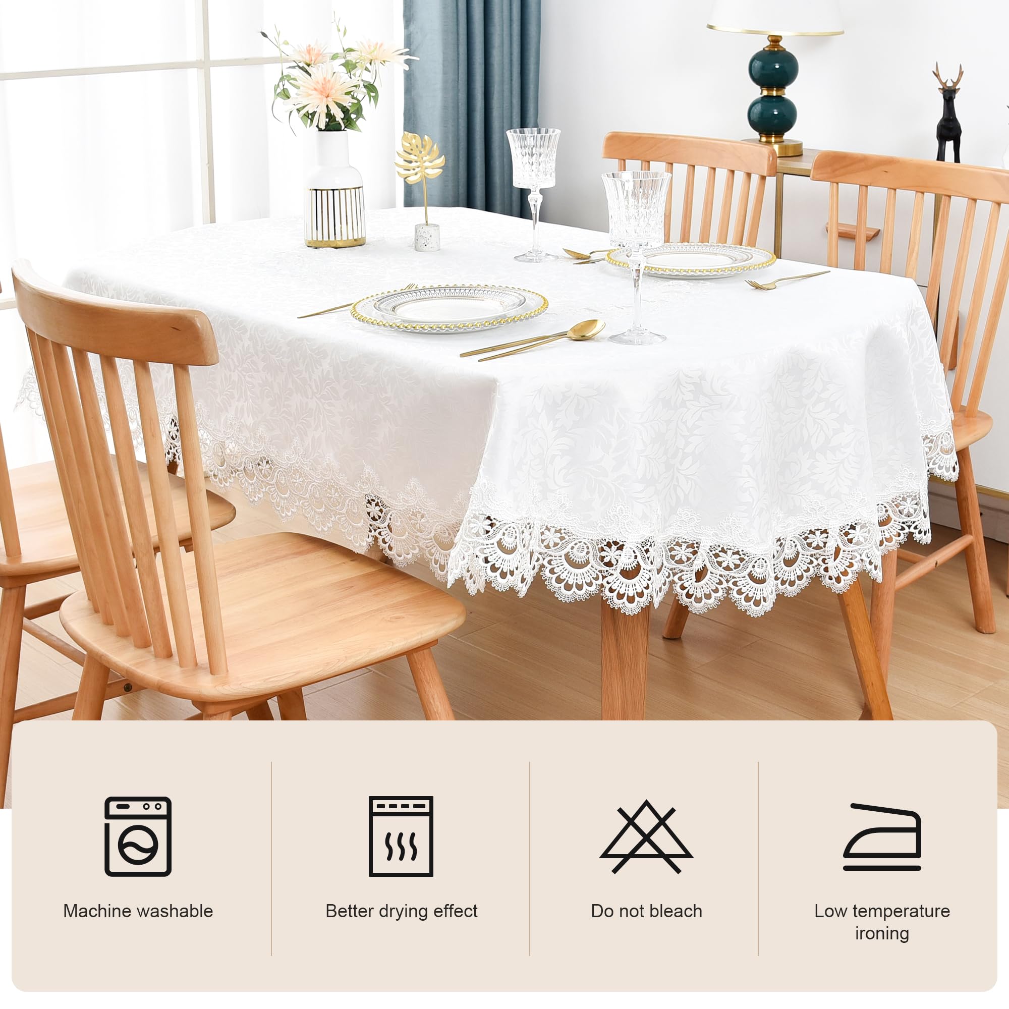 Elegant White Lace Jacquard Oval Tablecloth Tabletop Decoration Cover For Oval Tables Home Decoration 60 X 84 Inch