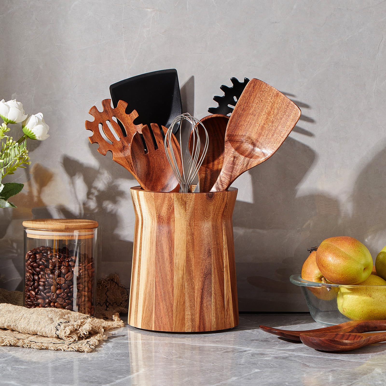 Lohoner Wooden Utensil Holder For Countertop, 360 Rotating Kitchen Utensil Holder, 7.2''X 6'' Large Acacia Cooking Utensil Holde