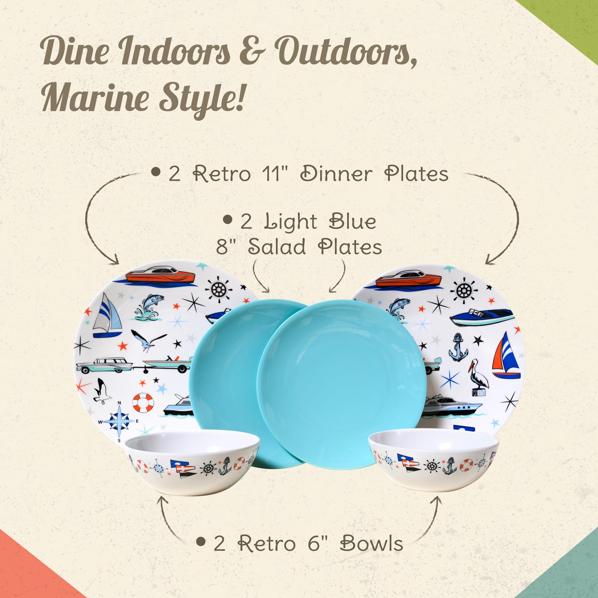 Melamine Dinnerware Sets - 6-pc Marine Dish Set - 2 Bowls, 2 Salad & 2 Dinner Melamine Plates for Indoor & Outdoor - BPA Free, D
