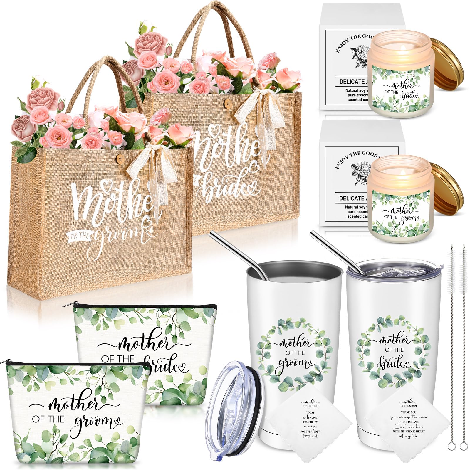 Hushee 2 Sets Mother of The Bride and Mother of The Groom Gifts Set Includes 20 oz Tumblers Greenery Canvas Tote Bags Leaf Cosme