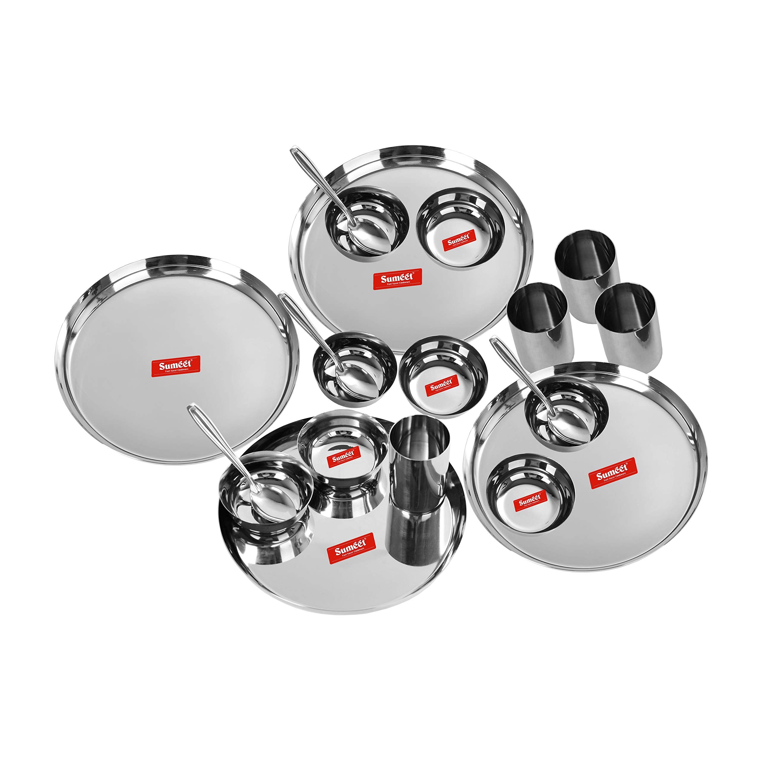Sumeet Stainless Steel Mirror Finish Buffet Set   Dinner Leaf Set Of 20 Pcs (4 Plate  8 Bowl   Wati  4 Glass  4 Spoon)