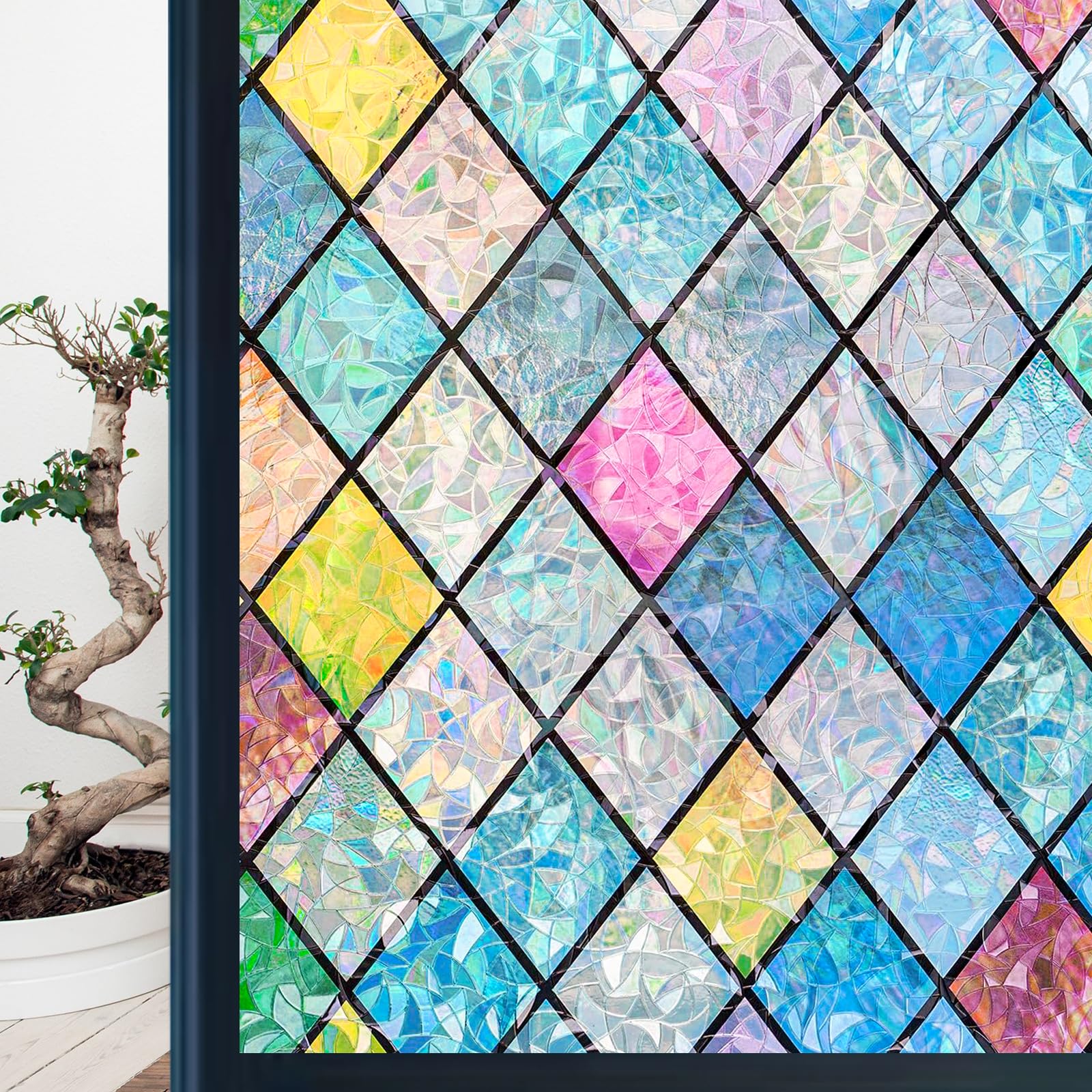 Niviy Window Privacy Film, Stained Glass Window Film, Rainbow Window Decorative Decals Non Adhesive for Home Office Anti UV 17.7