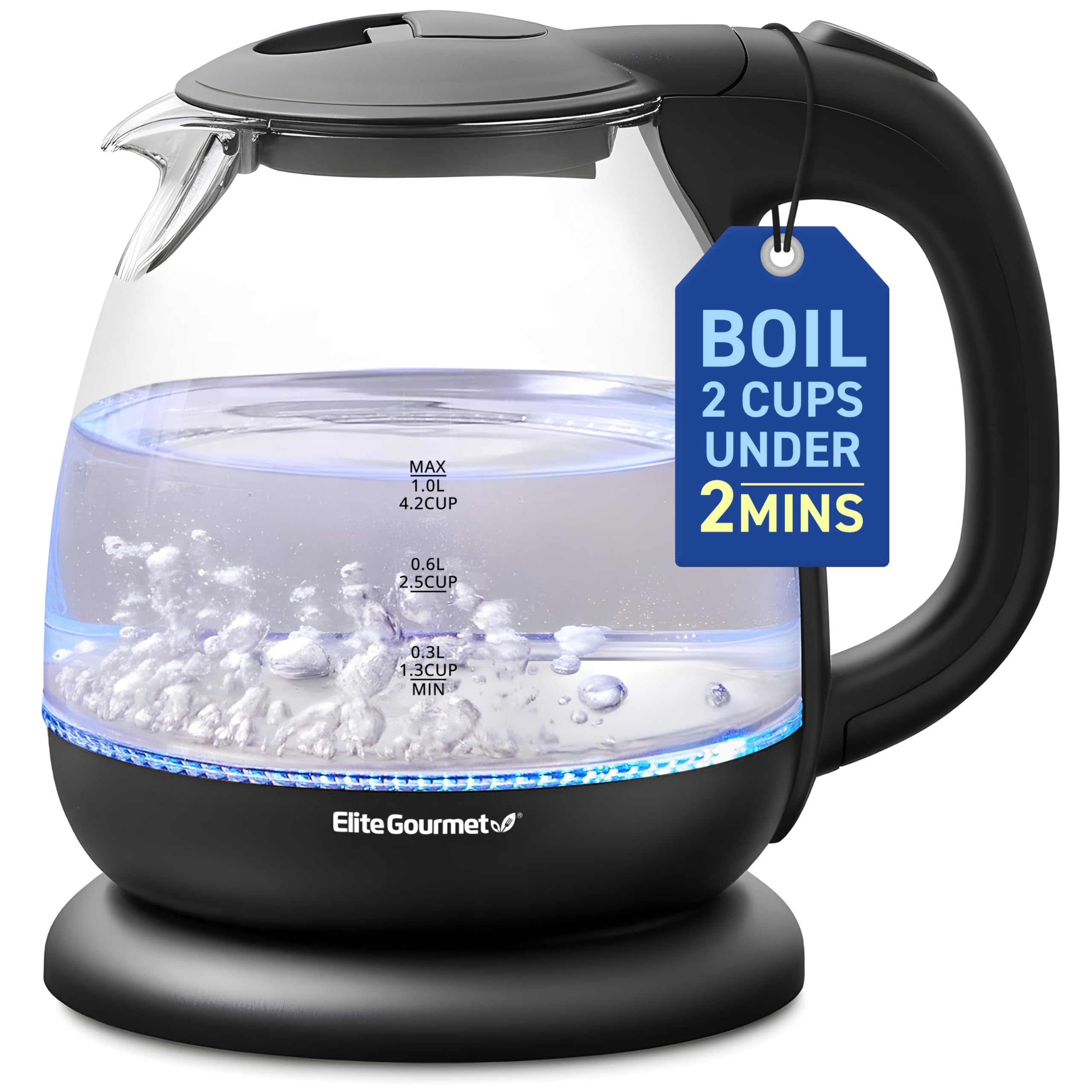 Elite Gourmet Electric Glass Kettle 1.0L, BPA-Free, 1100W, Stylish Blue LED, Auto Shut-Off, Graphite Black, Model EKT1001B