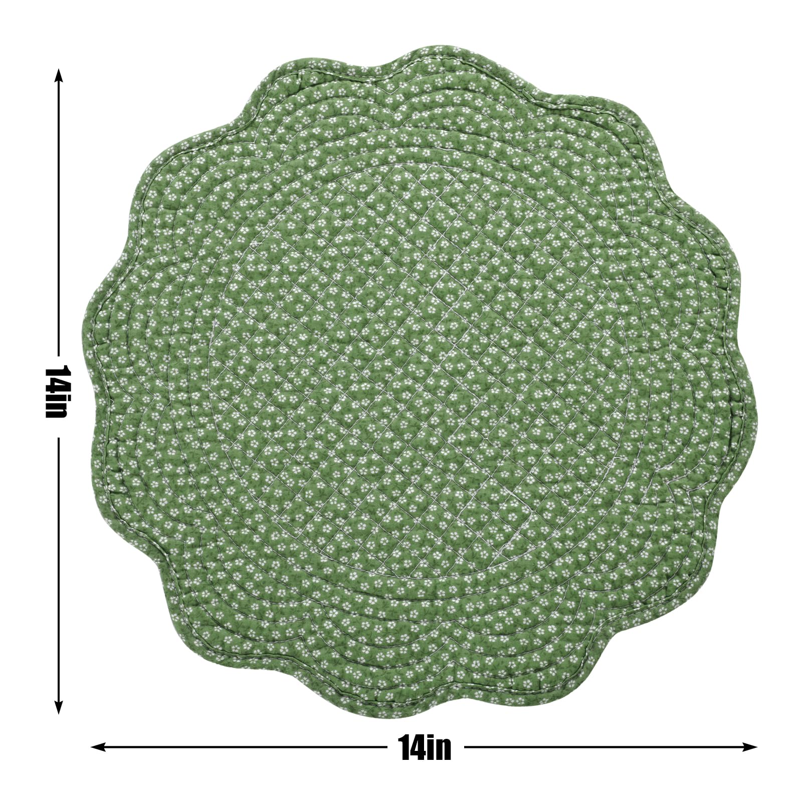 Hombys Quilted Placemats Set Of 4 Washable Round Placemats For Kitchen Table-100% Cotton Fabric Round Table Mats, (Green With Wh