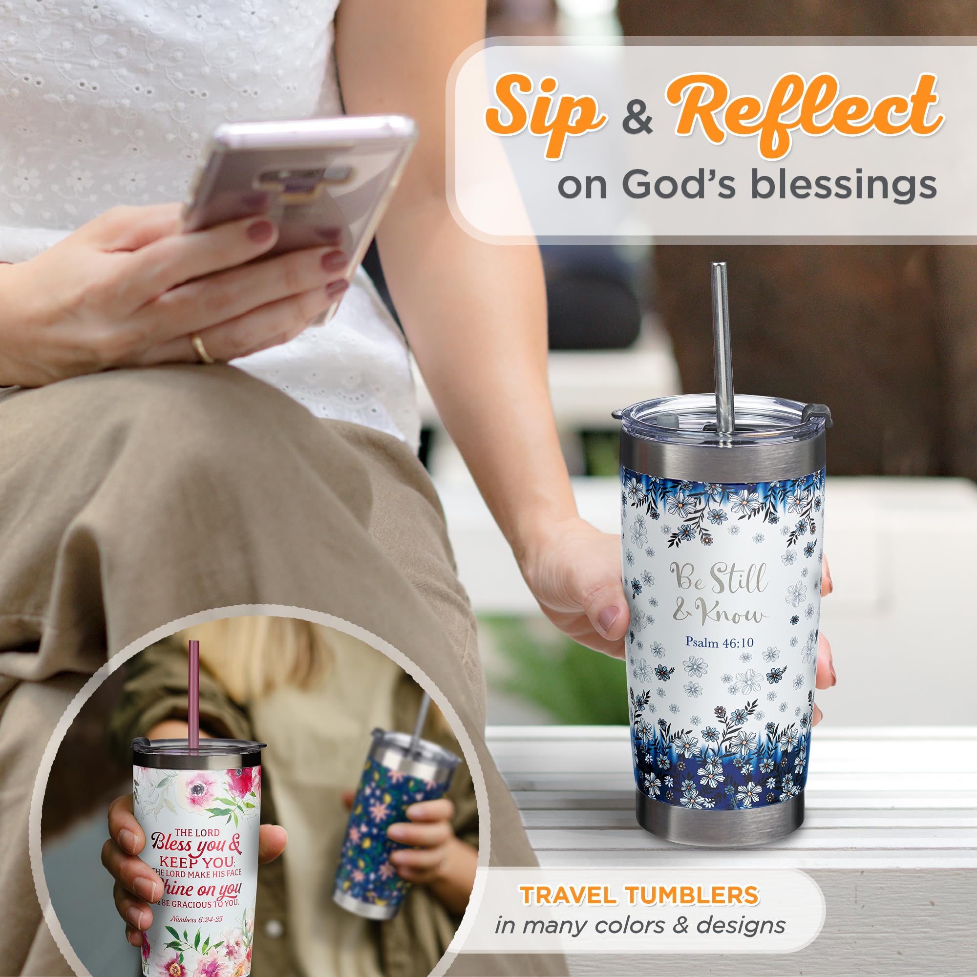 Christian Art Gifts Double Wall Vacuum Insulated Stainless Steel Travel Mug And Straw 18 Oz Blue Floral Camp Style Coffee Mug Wi