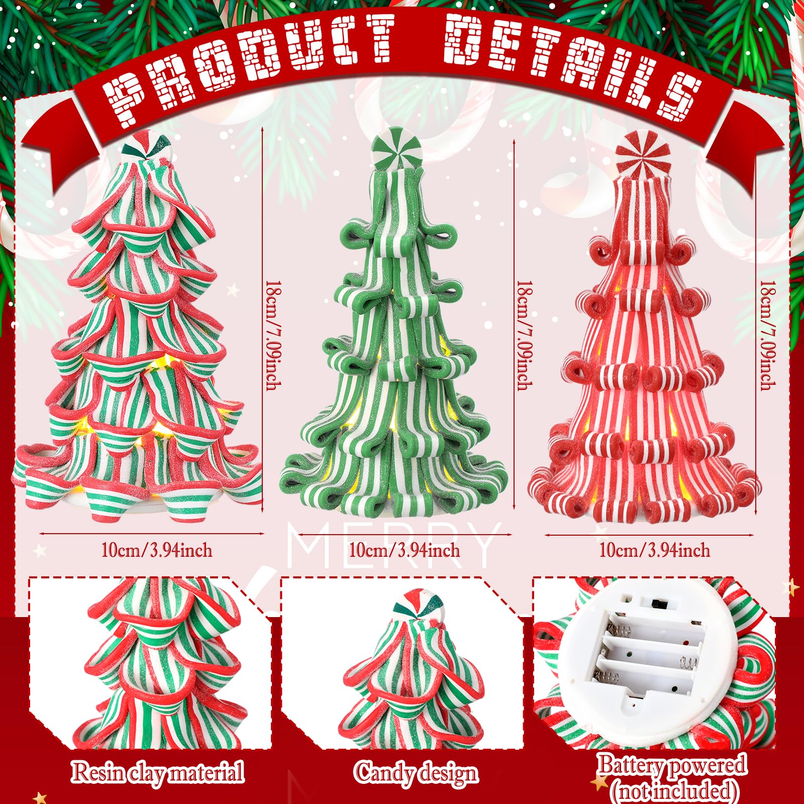 Suzile 3 Pcs Christmas Ribbon Candy Tree Tabletop Decor 7 Inches Mini Light up Resin Clay Peppermint Tree for xmas Home Table Ma