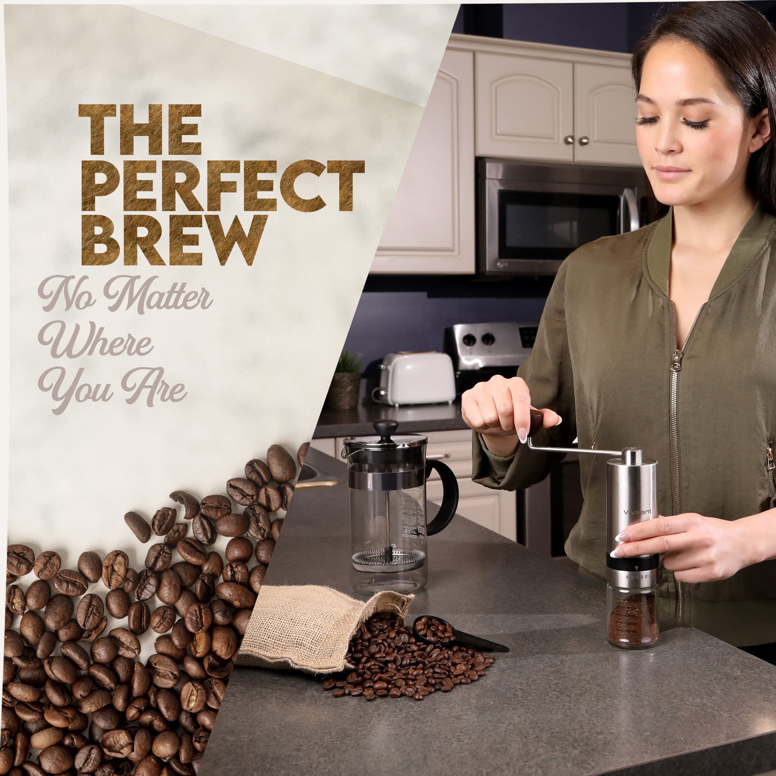 Vivaant Manual Coffee Grinder - Hand Coffee Grinder With Adjustable Dragon Tooth Stainless Steel Conical Burr, No-Power, Manual