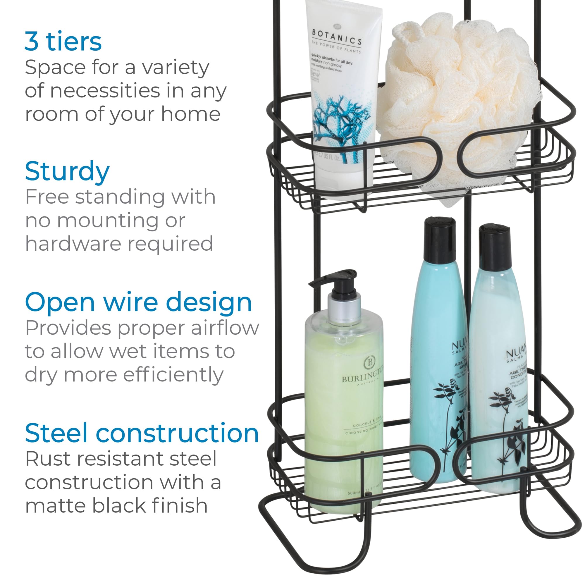 iDesign Steel Bathroom caddy Organizer with Three Wire Basket Shelves  The Neo collection - 63 x 98 x 261  Matte Black