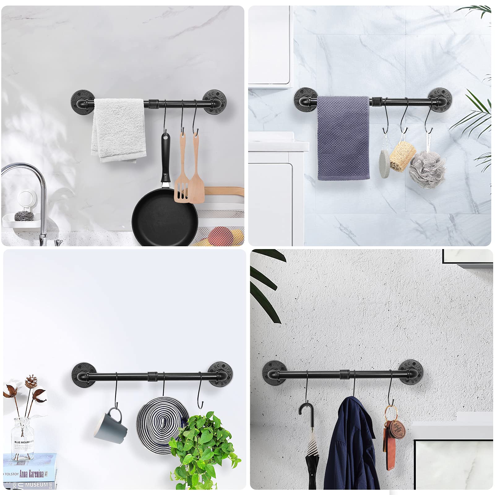 Jeasor Industrial Pipe Towel Rack Towel Bar, Heavy Duty Wall Mounted Rustic Farmhouse Bath Towel Holder For Bathroom (Black, 24