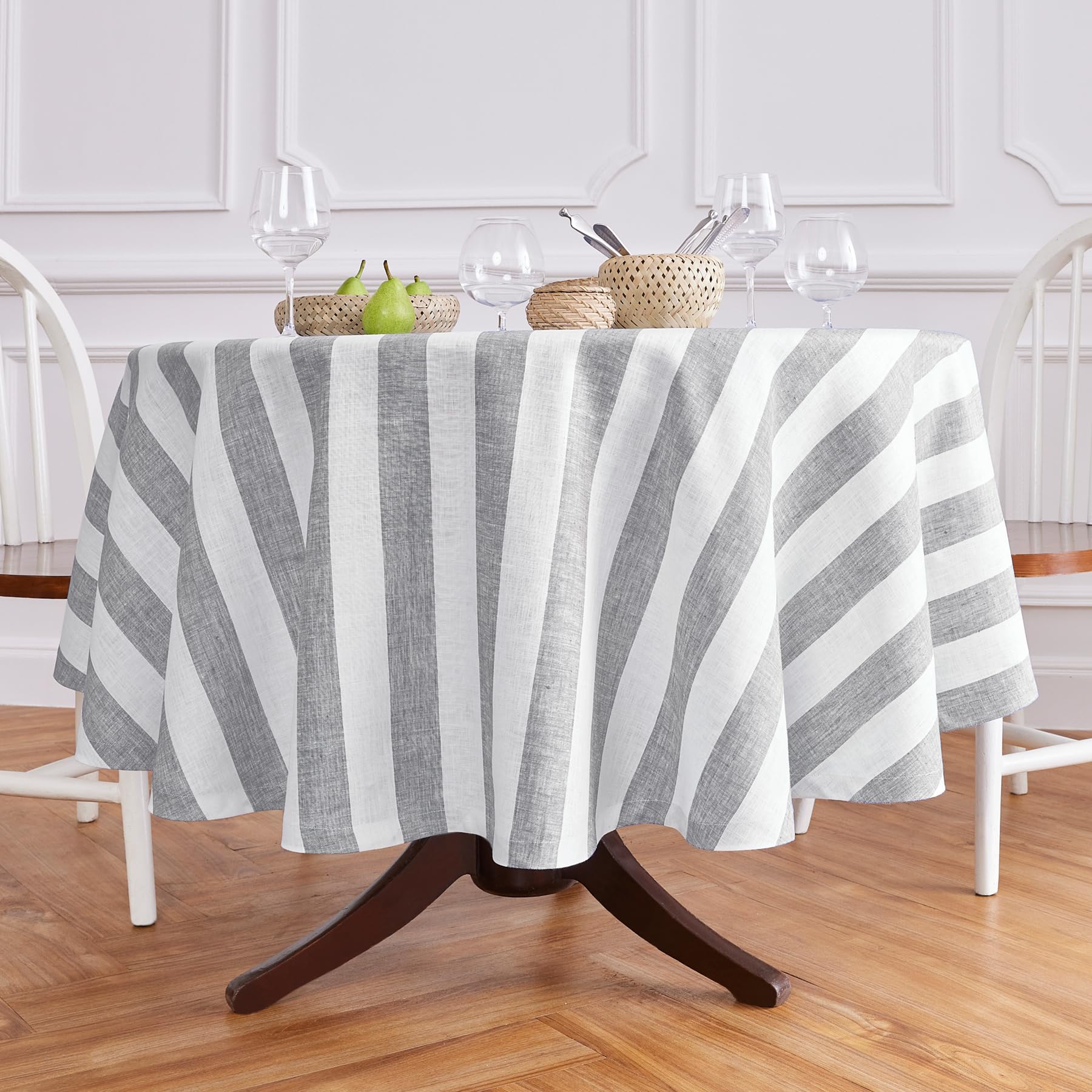 Solino Home Cabana Stripe Linen Round Tablecloth 70 Inch Diameter - 100% Pure Linen Grey And White Tablecloth For Spring, Easter